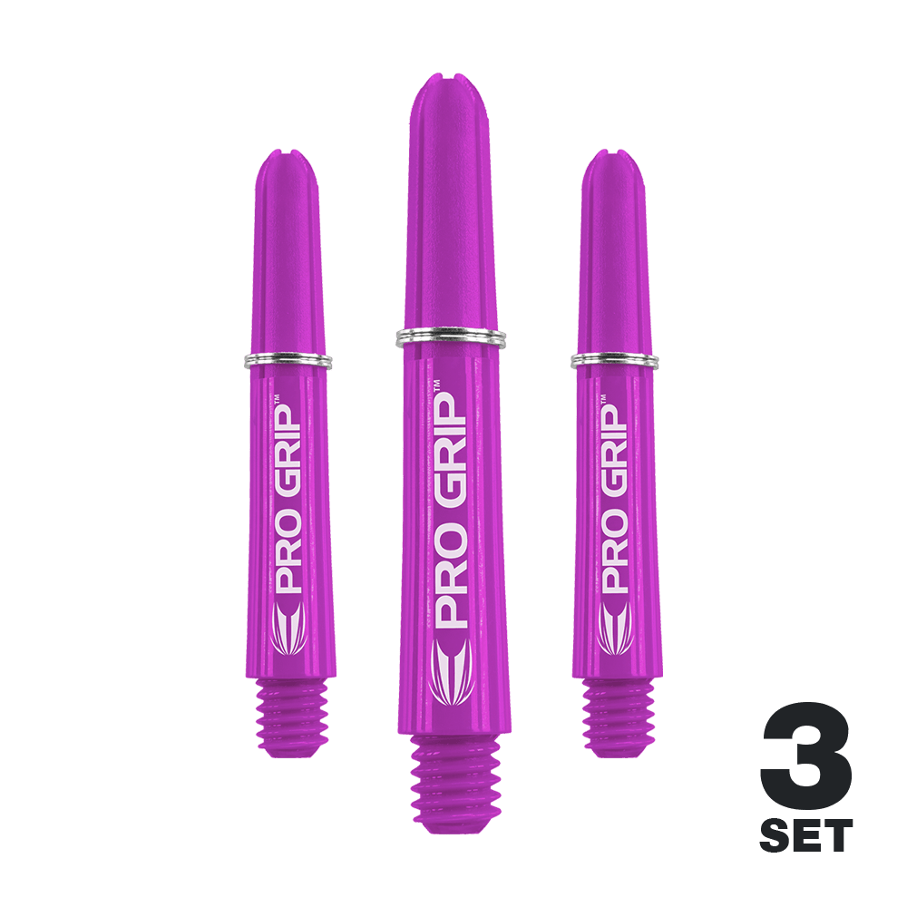 Target Pro Grip Shafts - 3 Sets - Lila Das Bild zeigt drei lila Dartshafts der Marke PRO GRIP. In der rechten unteren Ecke steht „3 SET“, was auf ein Set mit drei Stück hinweist.