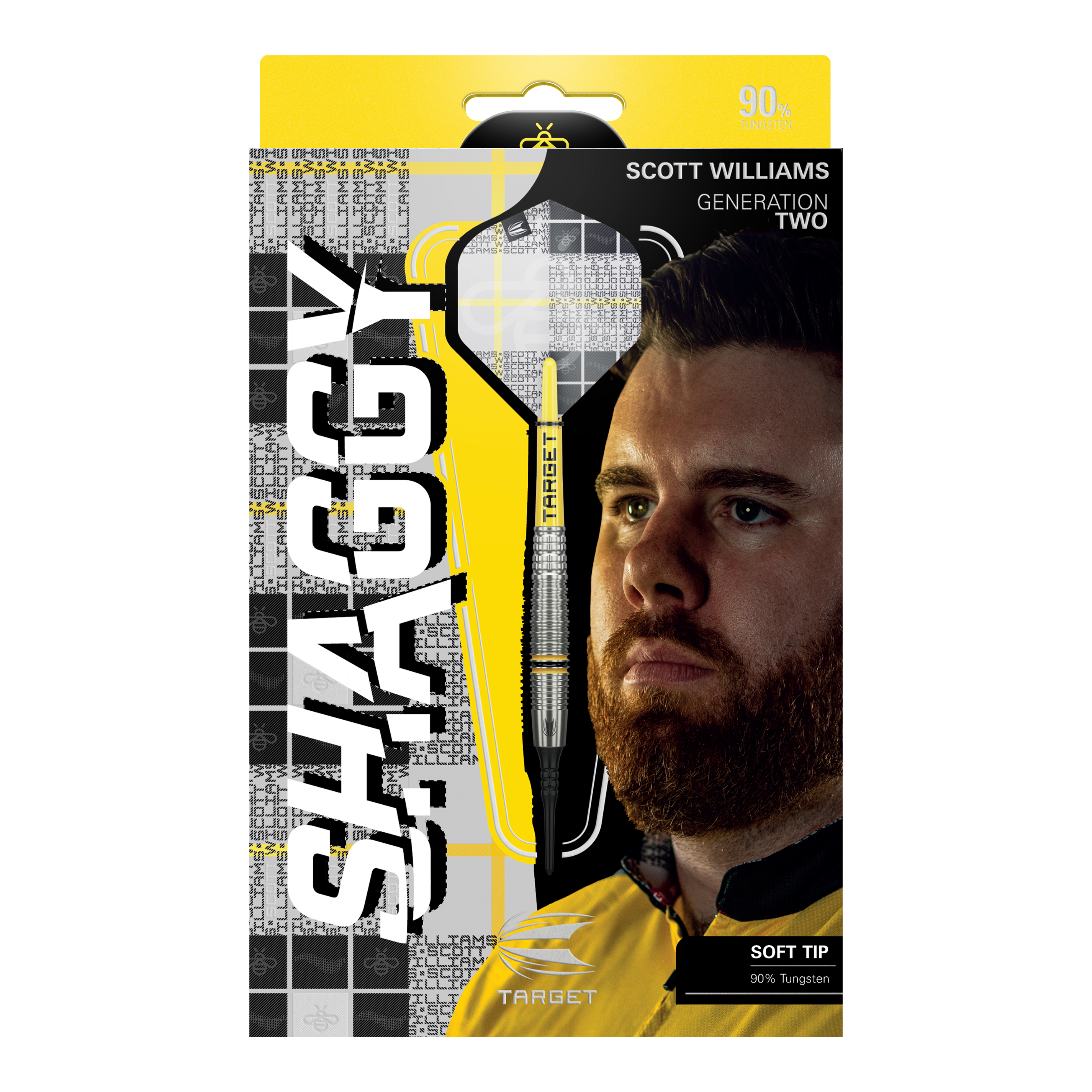 Target Scott Williams GEN2 Softdarts - 18g Das Bild zeigt die Verpackung der "Target Scott Williams GEN2 Softdarts - 18g". Auf der Vorderseite sind ein Dartpfeil, das Gesicht von Scott Williams und der Schriftzug "SHAGGY" prominent zu sehen.
