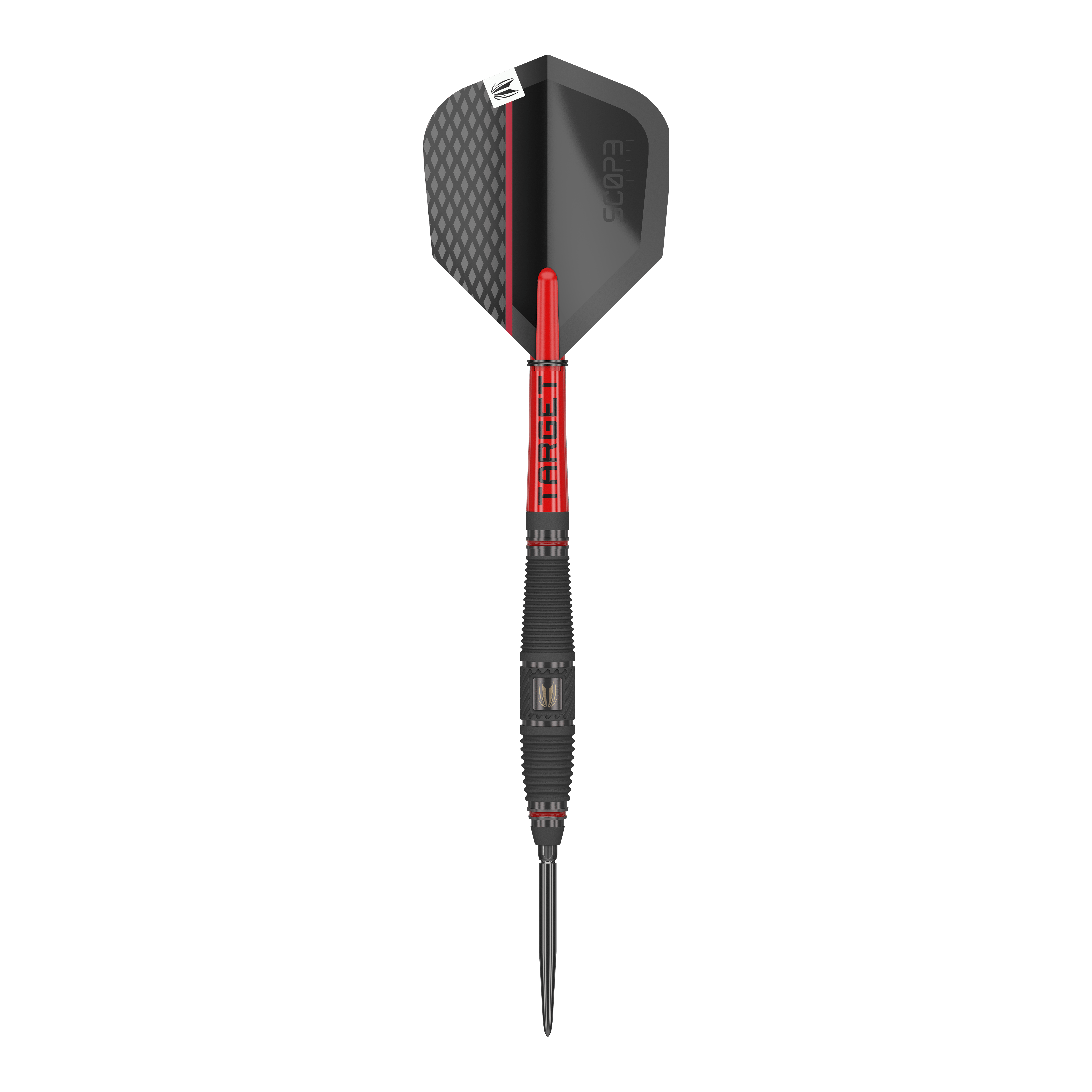 Target Scope 03 Swiss Point Steeldarts Das Bild zeigt einen Target Scope 03 Swiss Point Steeldart. Der Dart hat ein modernes Design mit schwarzen und roten Elementen sowie einer strukturierten Griffzone.