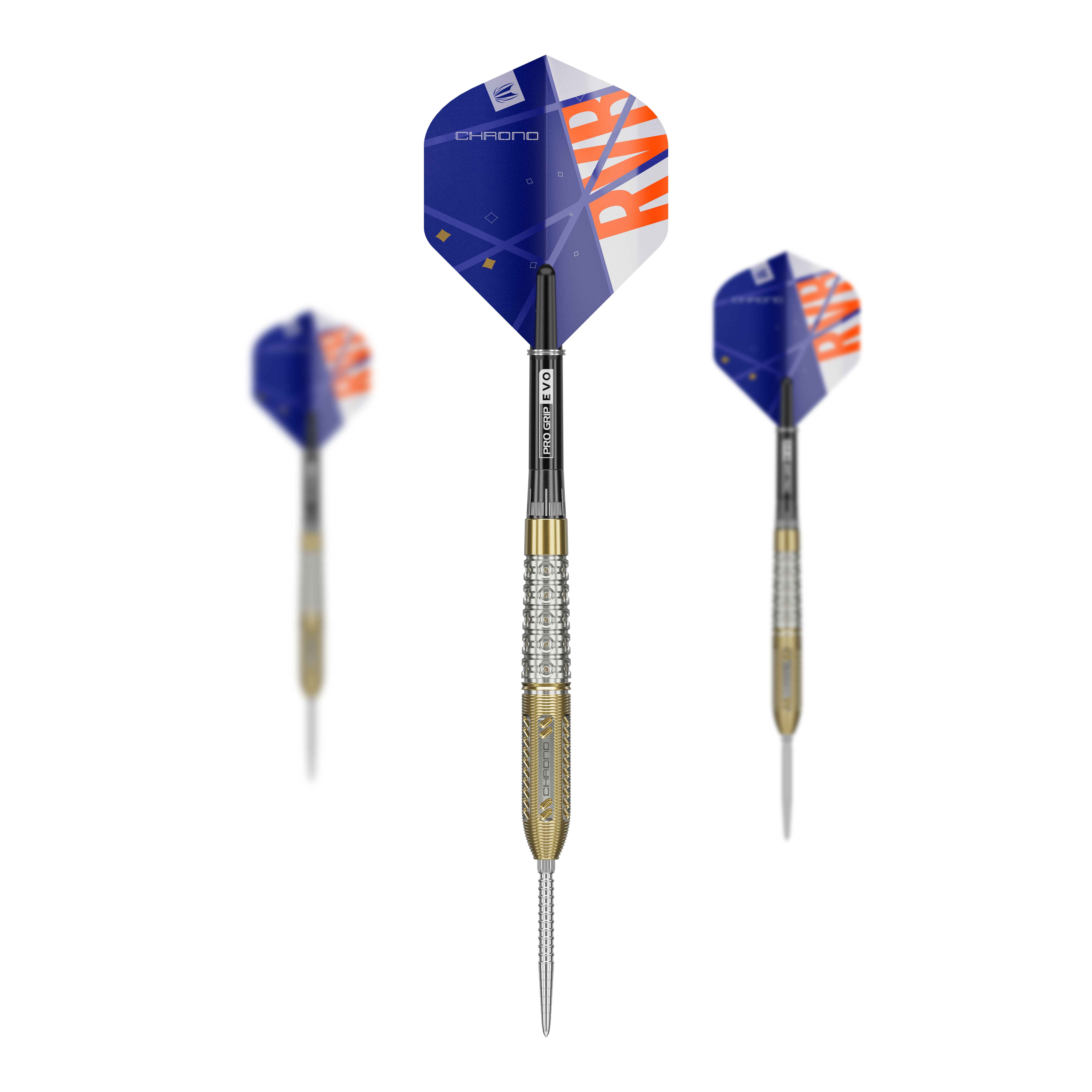 Das Bild zeigt drei Steeldarts der Marke "Target Raymond Van Barneveld Chrono 95 Swiss Point". Die Darts haben blaue Flights mit orangefarbenem Schriftzug und einen silber-goldenen Schaft.