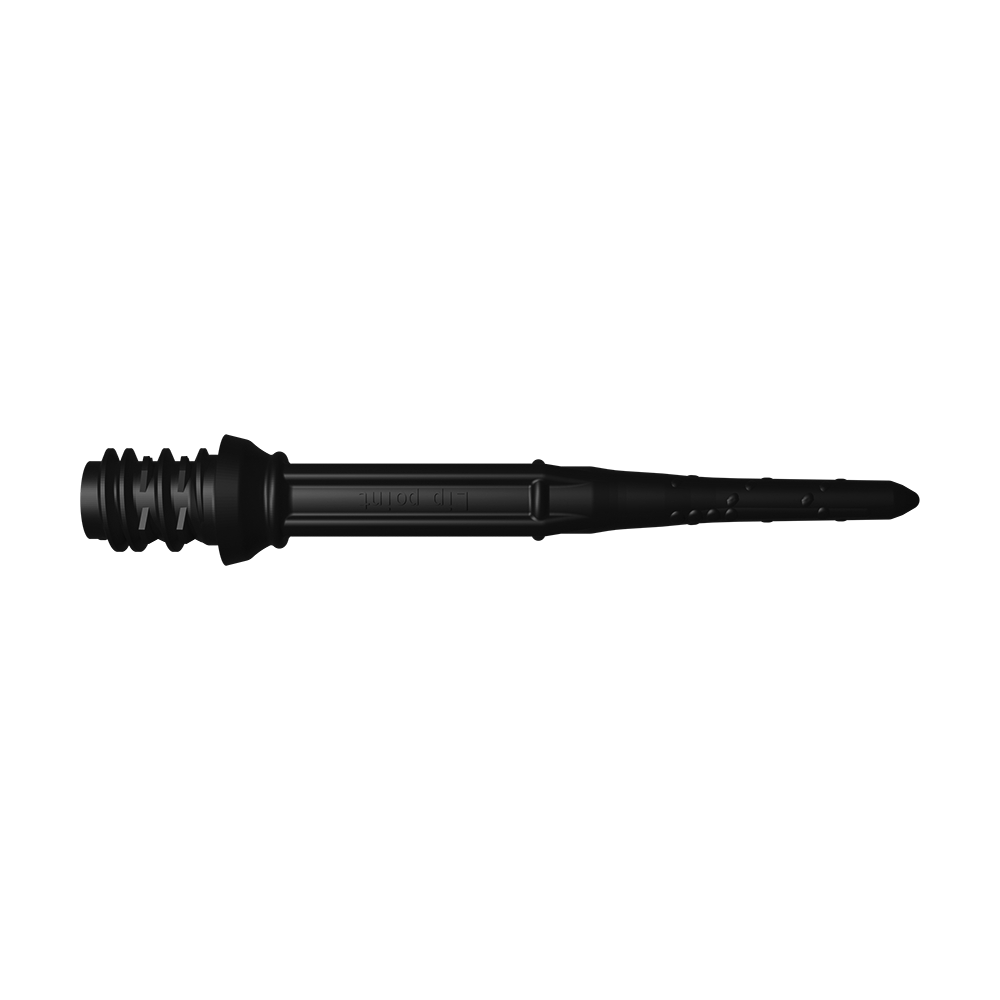 Das Bild zeigt eine schwarze Softdart-Spitze. Sie ist schmal, lang und hat kleine Löcher an der Seite.