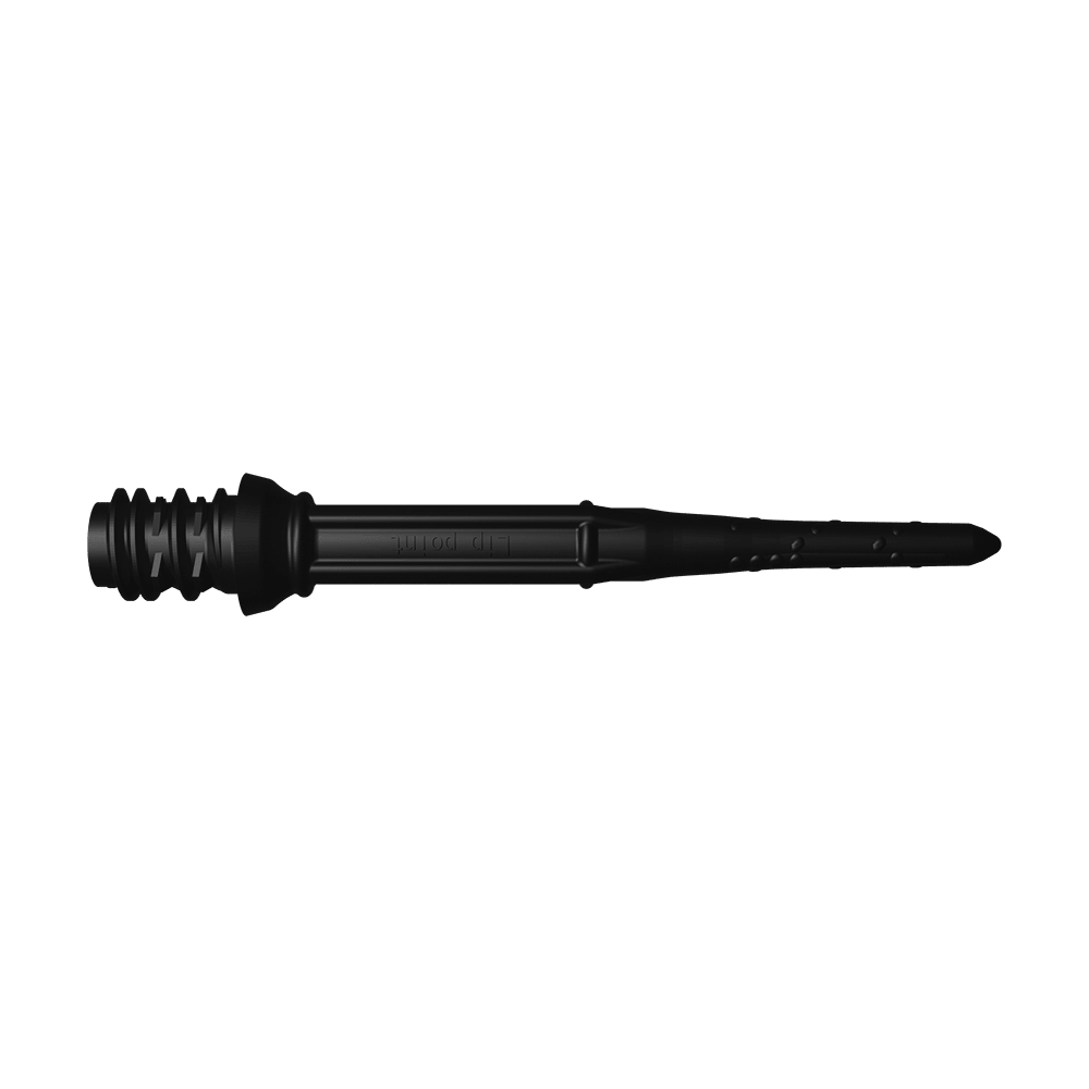 LIP42_L-Style_Premium_Lippoints_30_Softdartspitzen_30erPack_Schwarz_2 Das Bild zeigt eine schwarze Softdart-Spitze. Sie ist schmal, lang und hat kleine Löcher an der Seite.