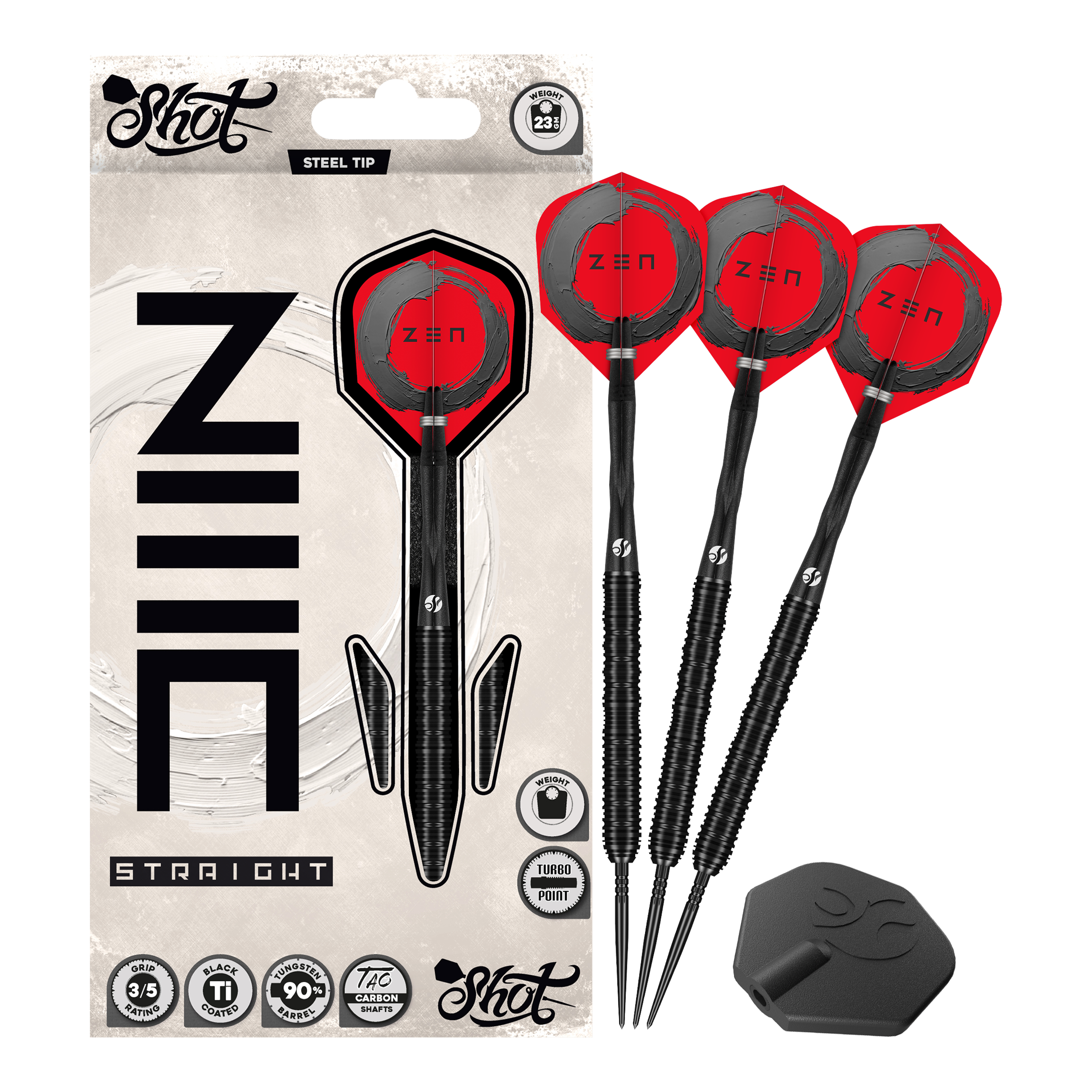Shot ZEN Straight Turbo Point Steeldarts - 23g Das Bild zeigt Shot ZEN Straight Turbo Point Steeldarts - 23g in voller Länge. Die Steeldarts werden vollständig dargestellt.