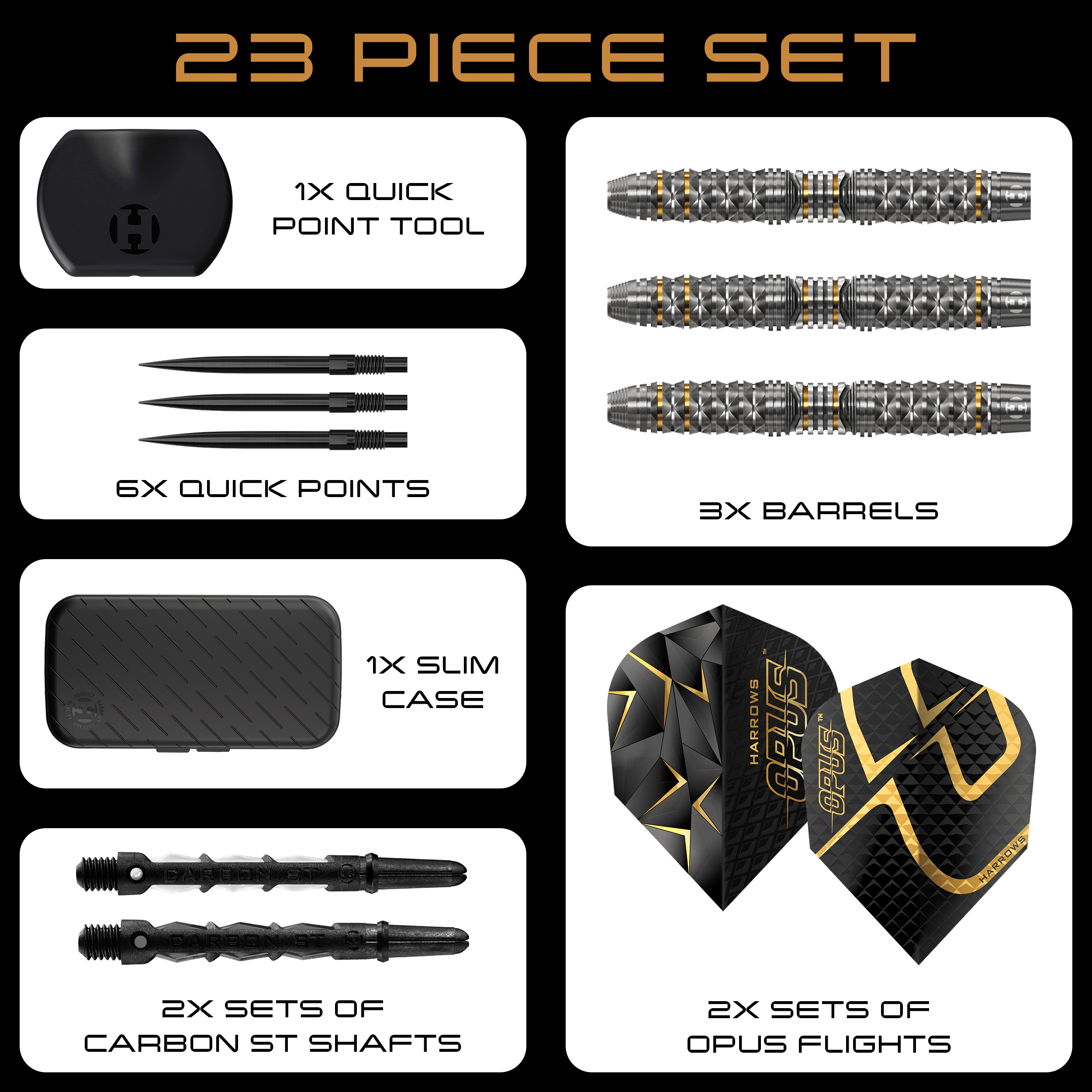 Harrows Opus Quick Point Steeldarts Auf dem Bild sind die Harrows Opus Quick Point Steeldarts mit 23g zu sehen. Diese Darts eignen sich für das Steeldartspiel.
