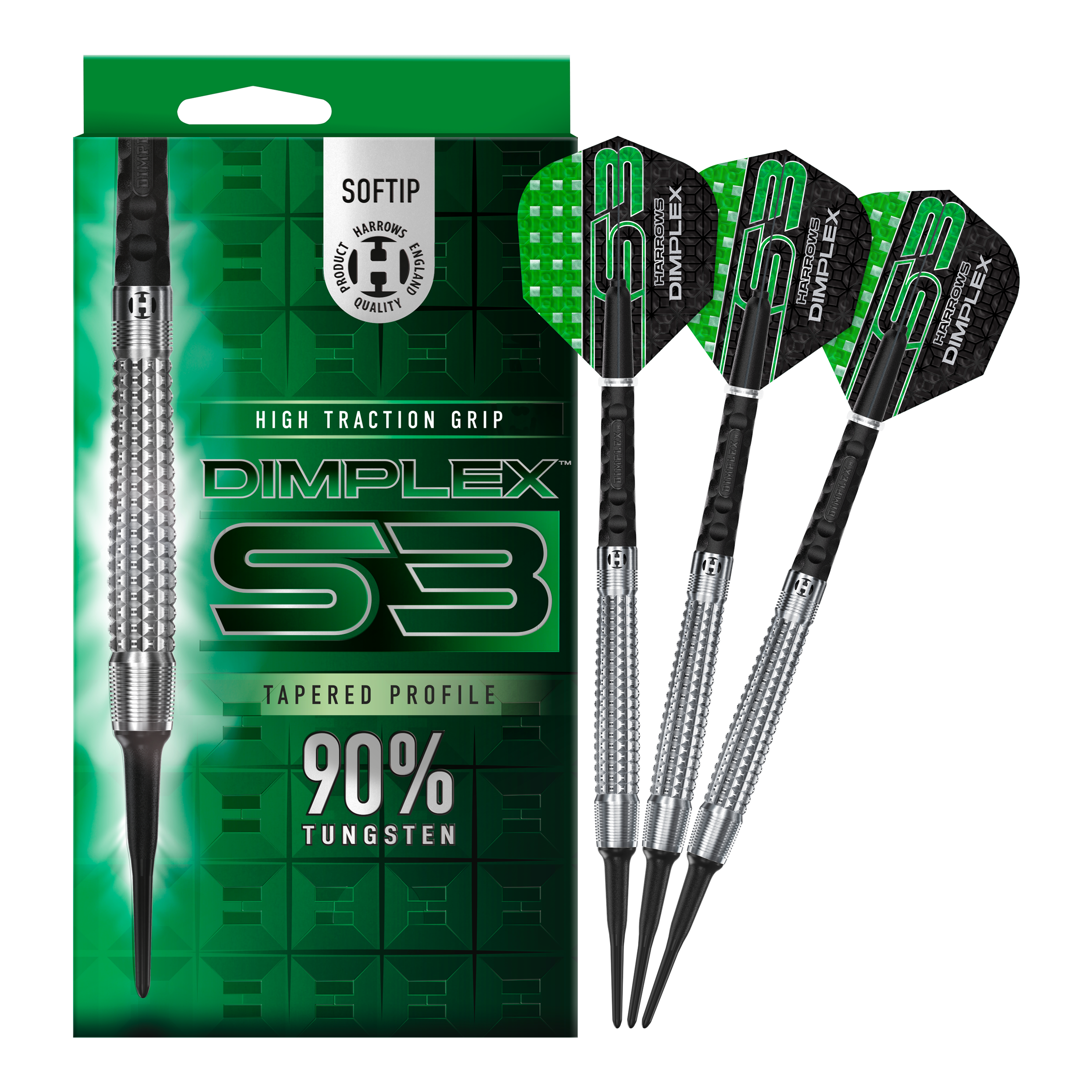 Das Bild zeigt eine Packung und drei Softdarts der Marke "Harrows Dimplex S3 Tapered". Die Darts bestehen zu 90 % aus Tungsten und haben eine hohe Grifftraktion.
