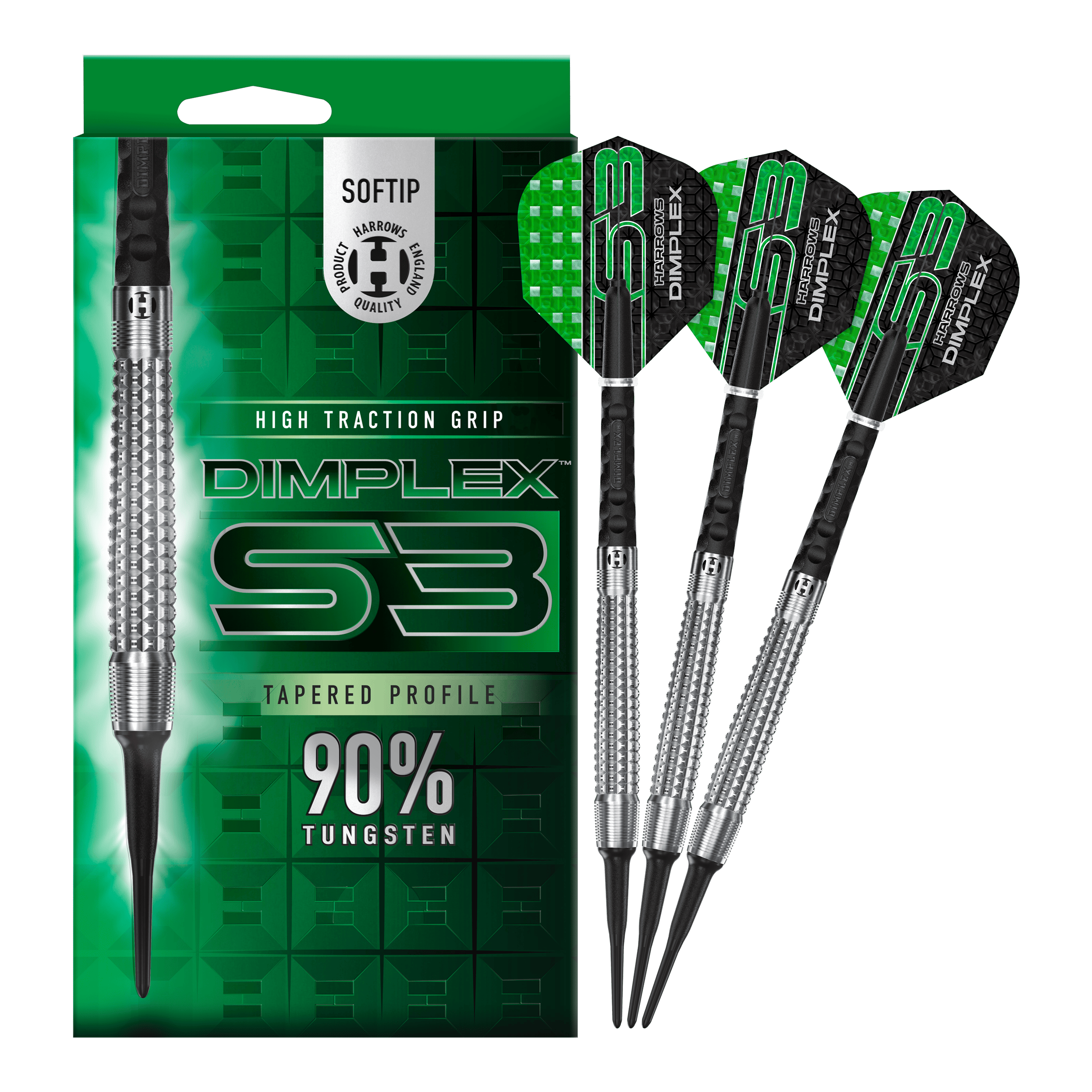 Harrows Dimplex S3 Tapered Softdarts Das Bild zeigt eine Packung und drei Softdarts der Marke "Harrows Dimplex S3 Tapered". Die Darts bestehen zu 90 % aus Tungsten und haben eine hohe Grifftraktion.