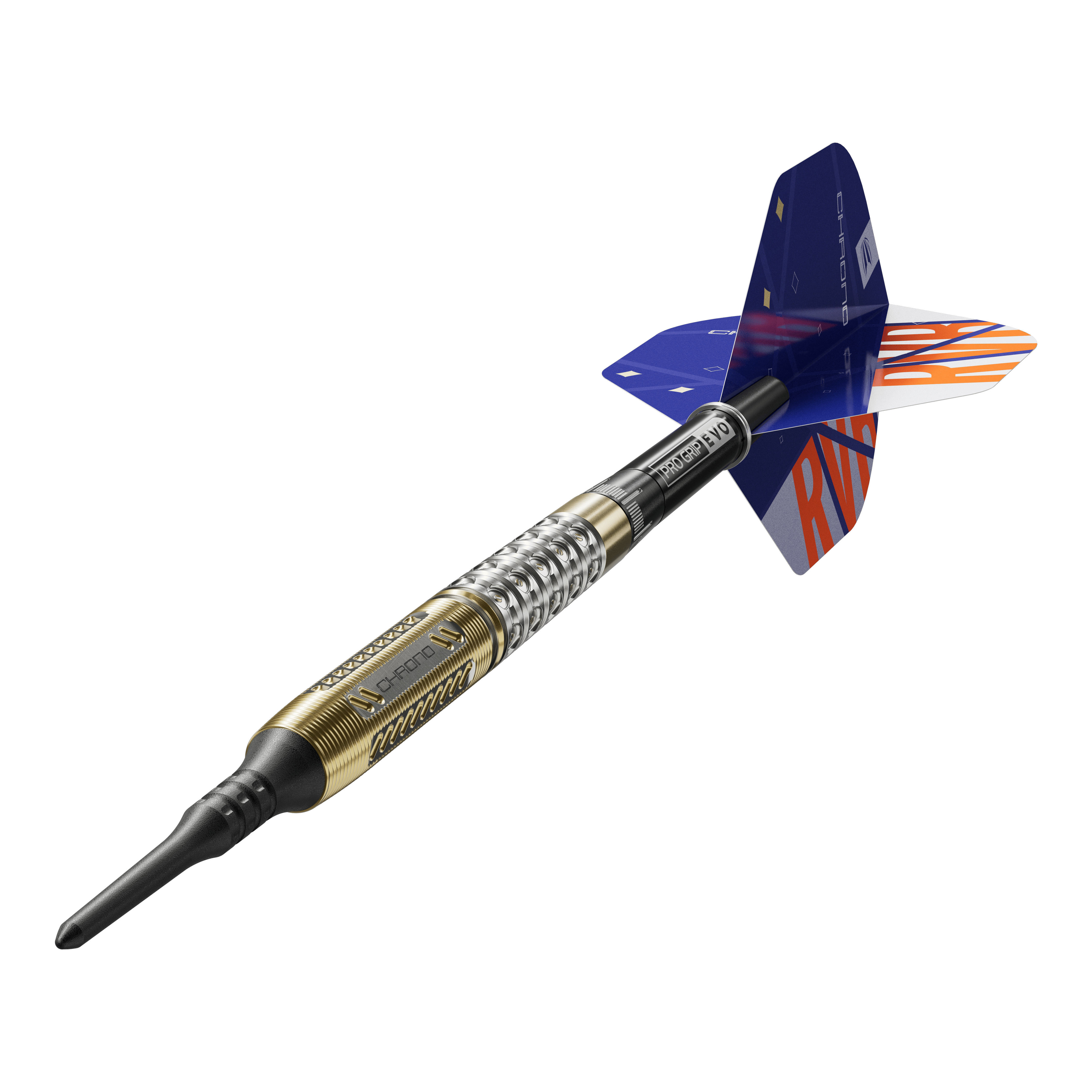 Target Raymond Van Barneveld Chrono 95 Softdarts Das Bild zeigt einen Softdart namens "Target Raymond Van Barneveld Chrono 95". Der Dart hat einen gold-silbernen Griff und blaue Flights mit orangefarbenen Buchstaben.