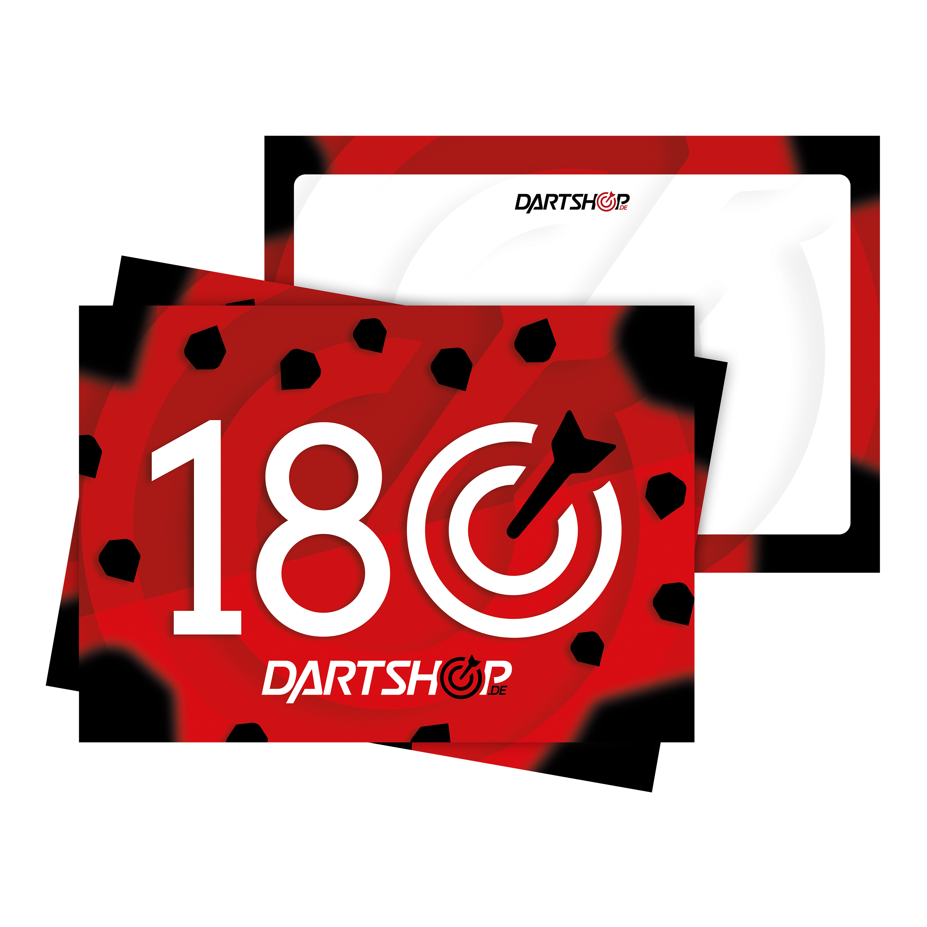 Das Bild zeigt ein 9er-Pack Schilder mit der Aufschrift "180" und einem Dart, der ins Bullseye trifft. Die Schilder sind in Rot, Schwarz und Weiß gehalten und tragen das Logo von Dartshop.