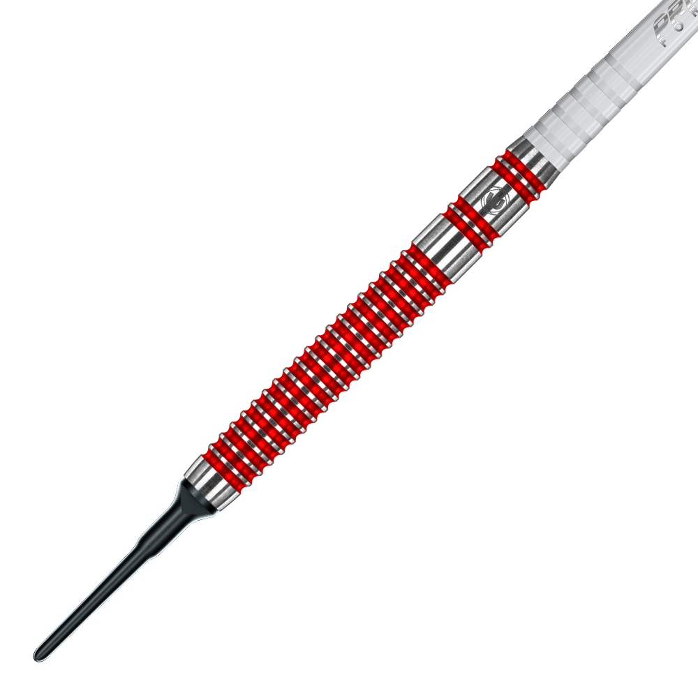 Das Bild zeigt einen Winmau Overdrive Softdart mit einem Gewicht von 20 Gramm. Der Dart hat ein silbernes Barrel mit roten Ringen und einer schwarzen Kunststoffspitze.
