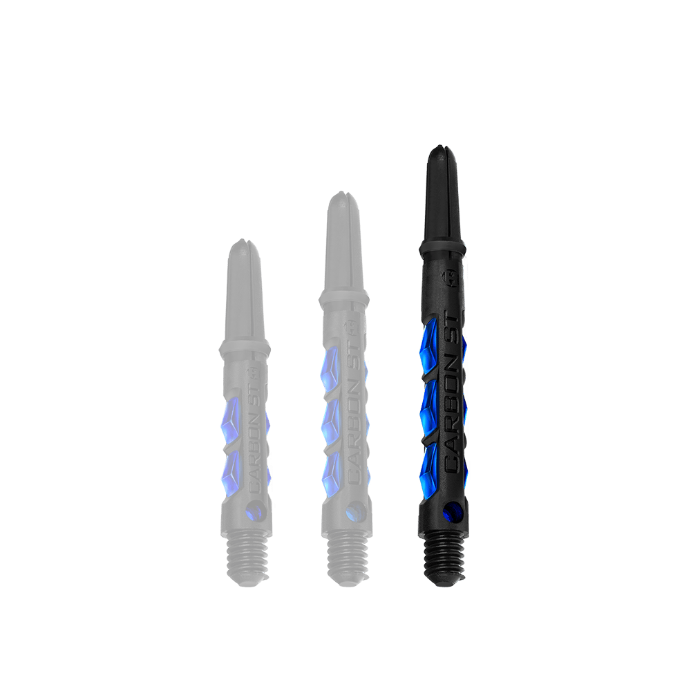Das Bild zeigt drei schwarze Dartschäfte mit blauen Akzenten der Marke "Harrows Carbon ST Shafts - Blau". Sie sind in unterschiedlichen Längen angeordnet.