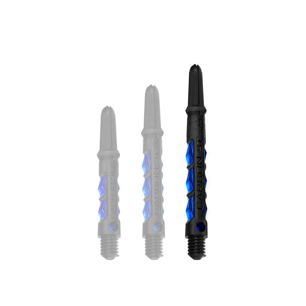 HR415_Harrows_Carbon_ST_Shafts_Blau_47mm_1 Das Bild zeigt drei schwarze Dartschäfte mit blauen Akzenten der Marke "Harrows Carbon ST Shafts - Blau". Sie sind in unterschiedlichen Längen angeordnet.