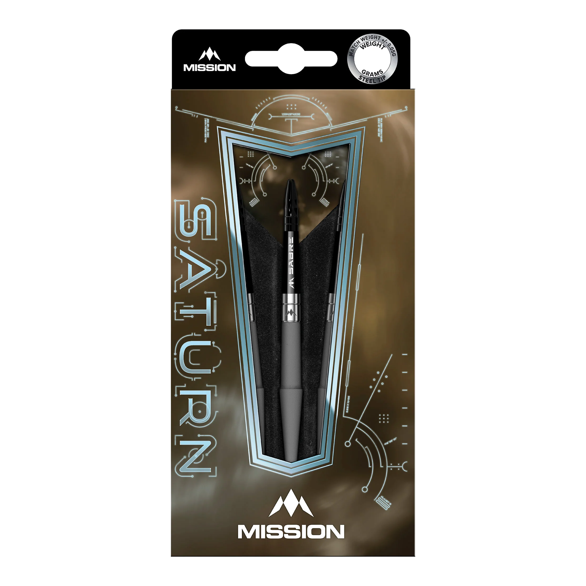 Die Abbildung zeigt die Mission Saturn Hyperion Steeldarts in einer stilvollen Verpackung. Das Design wirkt modern und hebt die Dartpfeile ansprechend hervor.