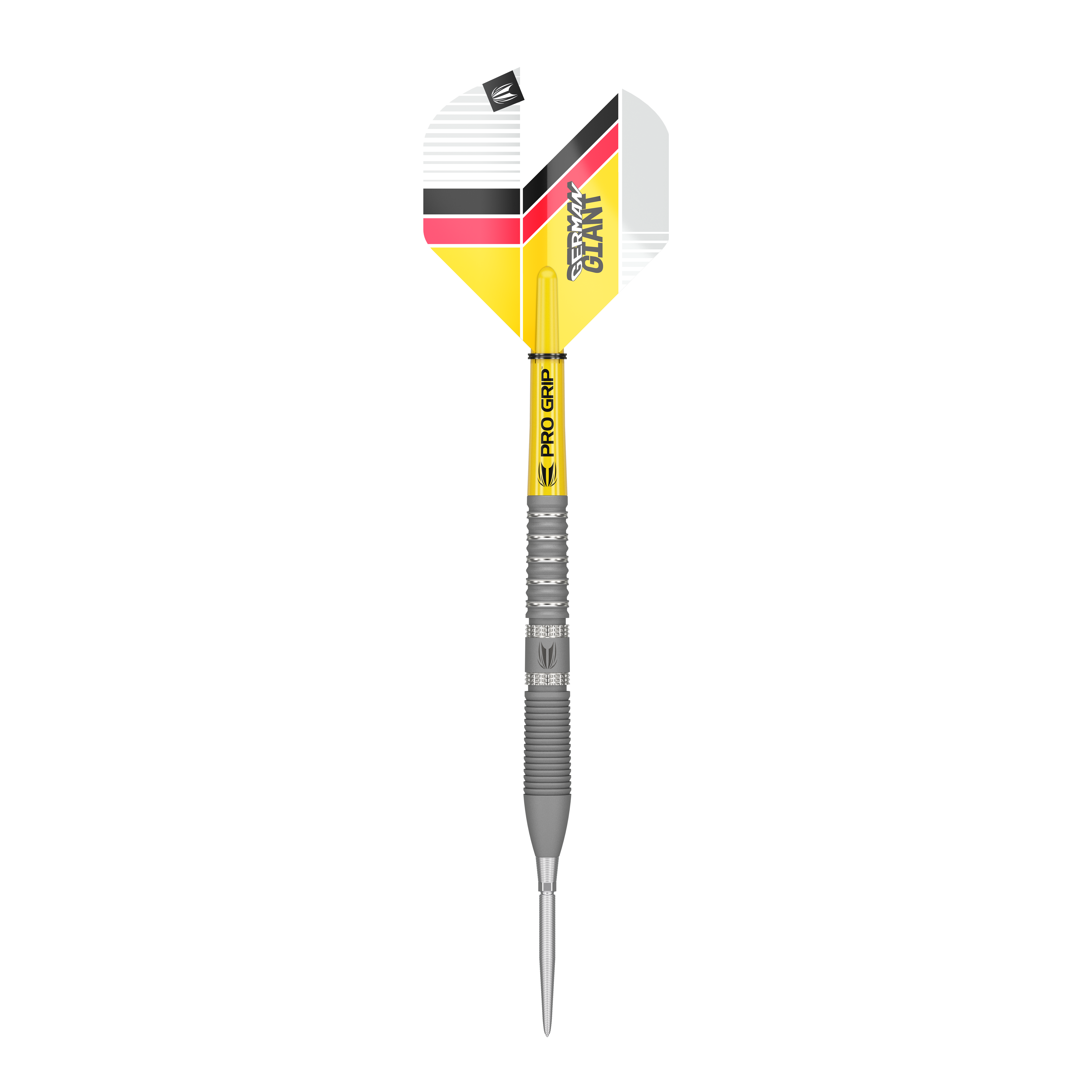 Target Gabriel Clemens GEN2 Swiss Point Steeldarts Das Bild zeigt einen Target Gabriel Clemens GEN2 Swiss Point Steeldart. Der Dart hat eine silberne Spitze und Schaft sowie gelbe, schwarze und rote Akzente auf dem Flight.