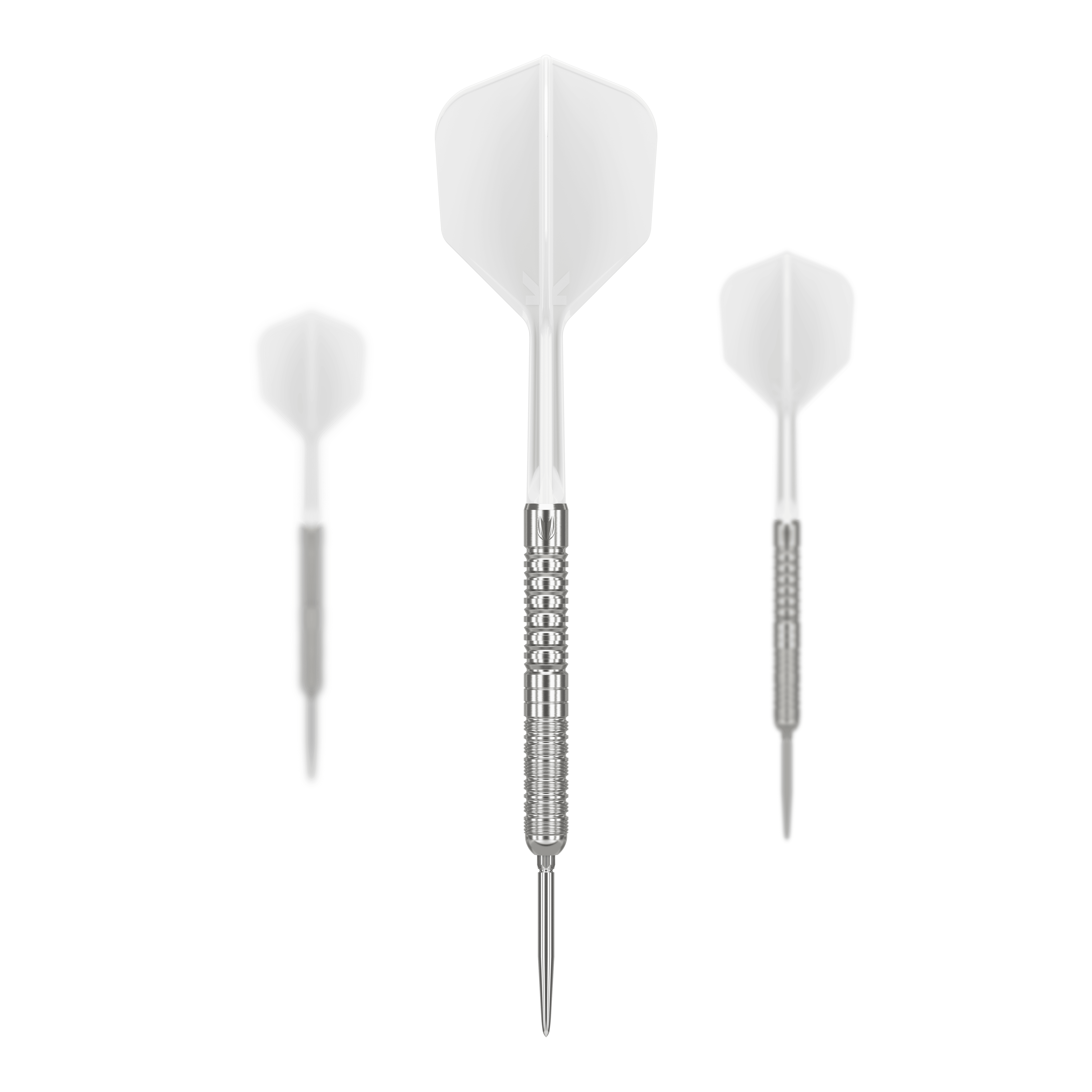 Das Bild zeigt drei Steeldarts mit weißen Flights und silbernen Spitzen. Es handelt sich um das Produkt "Target Japan Crux Honor Swiss Point Steeldarts - 23g".