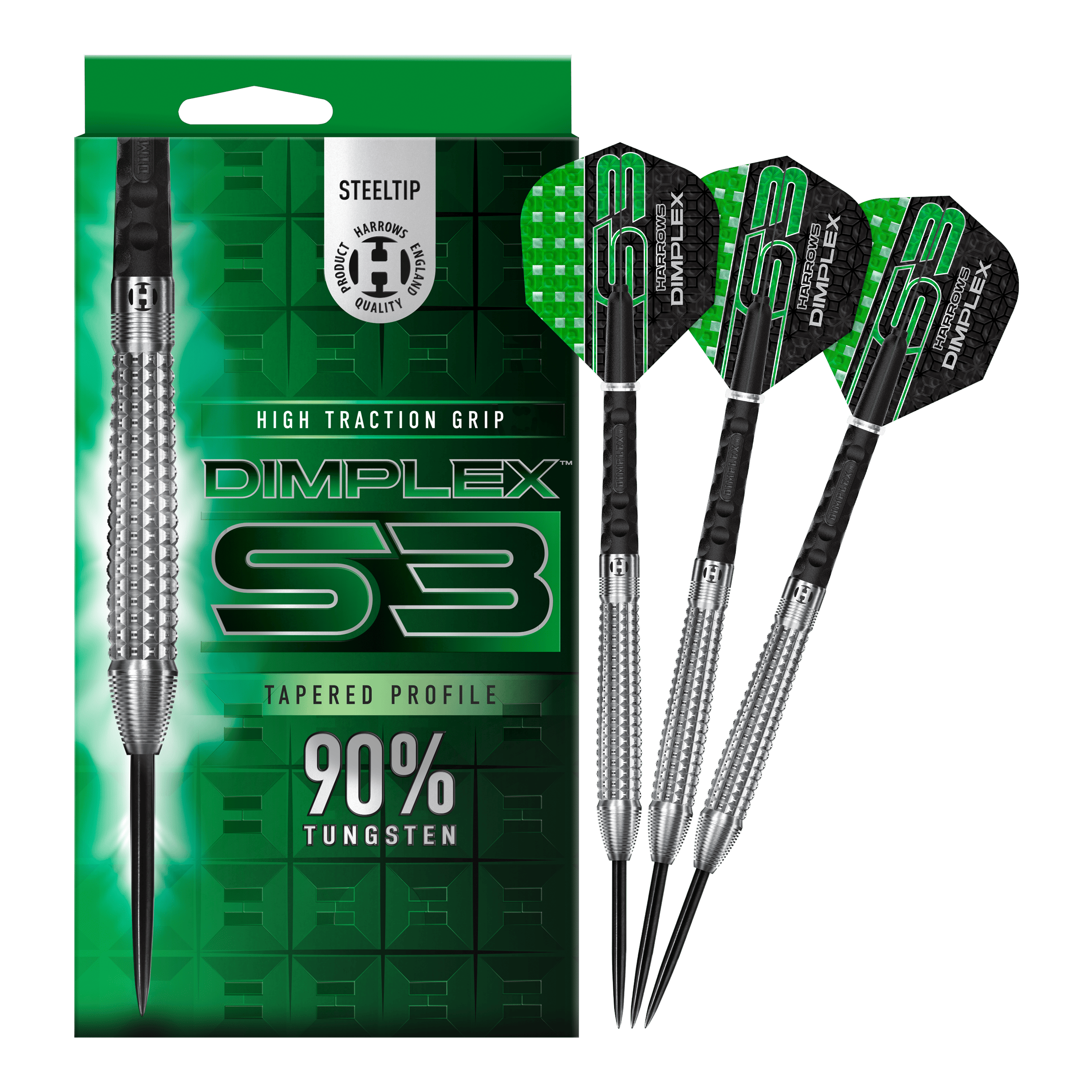 Harrows Dimplex S3 Tapered Steeldarts Das Bild zeigt die Harrows Dimplex S3 Tapered Steeldarts mit einer auffälligen grünen Verpackung. Drei Steeldarts aus 90% Wolfram sind neben der Verpackung abgebildet.