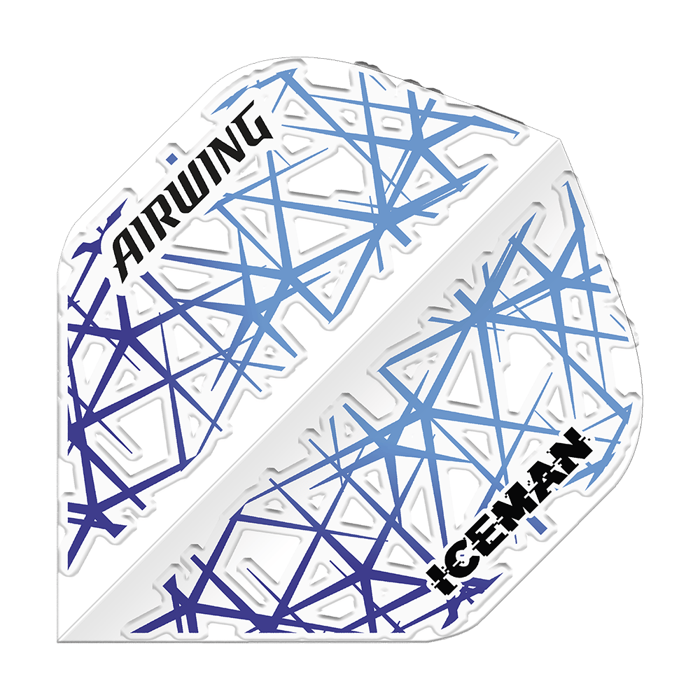 Das Bild zeigt ein Dart-Flight mit dem Namen "Red Dragon Airwing Gerwyn Price White Standard Flights". Das Flight ist weiß mit blauen Linienmustern und den Aufschriften "AIRWING" und "ICEMAN".