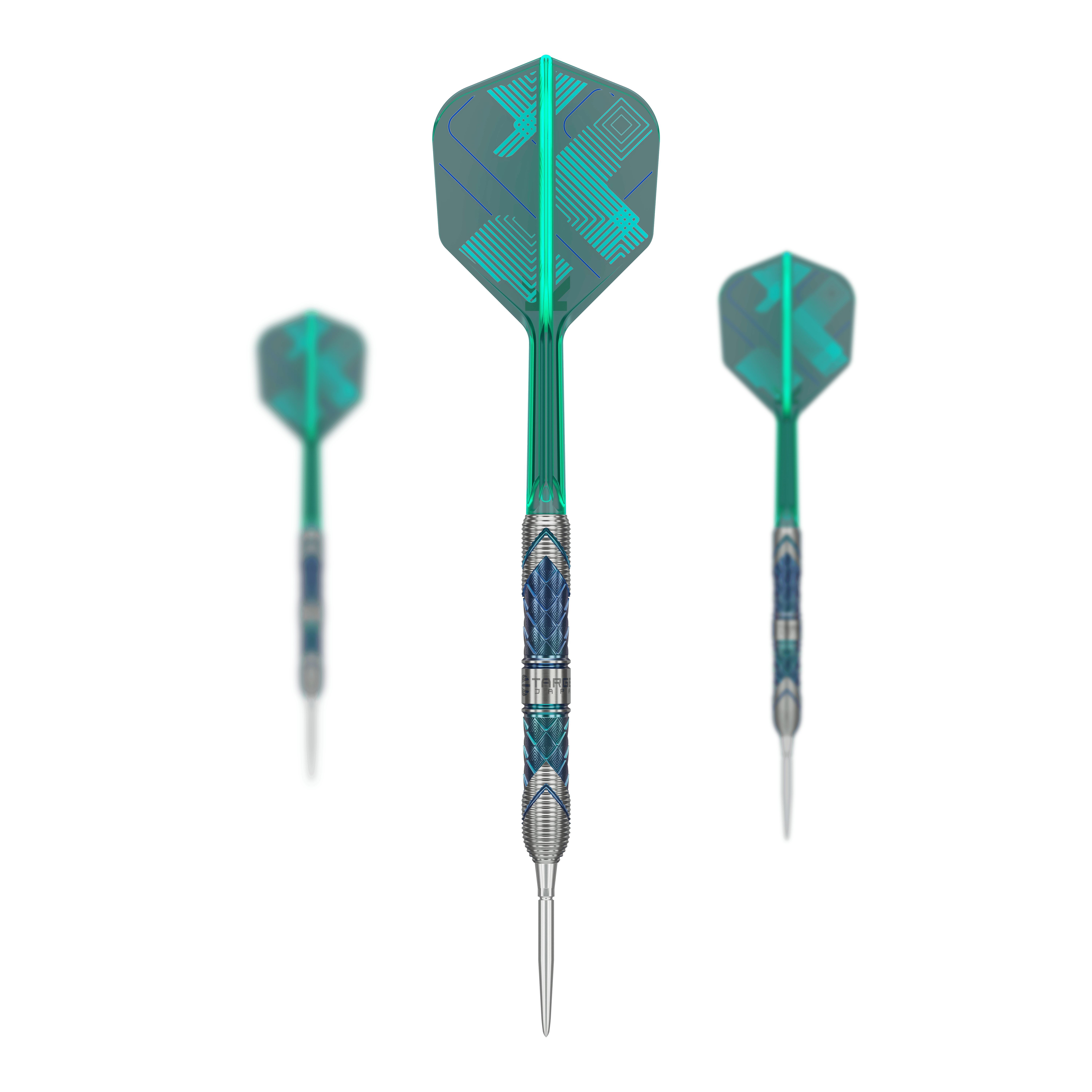 Das Bild zeigt drei Steeldarts des Produkts "Target Japan Kaze Series Ceros 03" mit einem modernen, türkisfarbenen Design. Die Spitzen sind silbern und die Flights haben ein auffälliges, grafisches Muster.