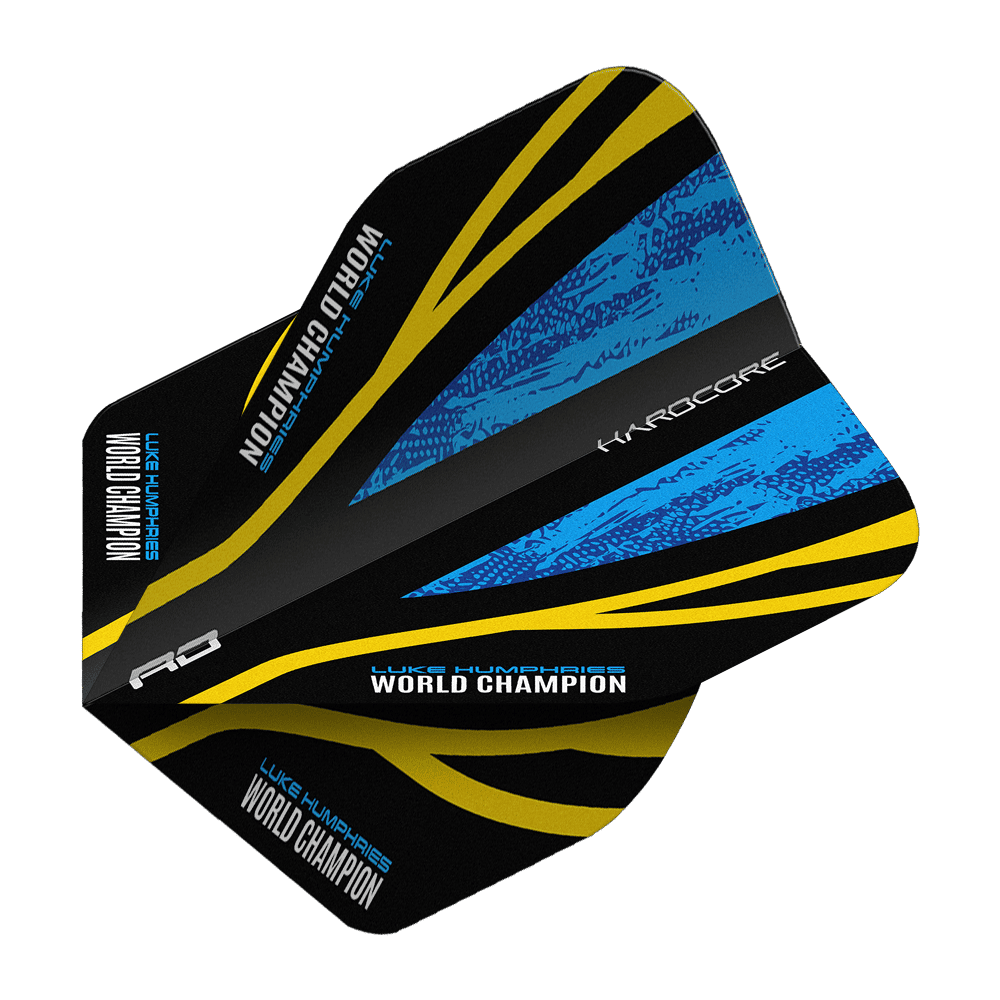 Das Bild zeigt die "Red Dragon Hardcore Luke Humphries World Champion Standard Flights". Das Design ist schwarz mit blauen und gelben Akzenten sowie der Aufschrift "Luke Humphries World Champion".