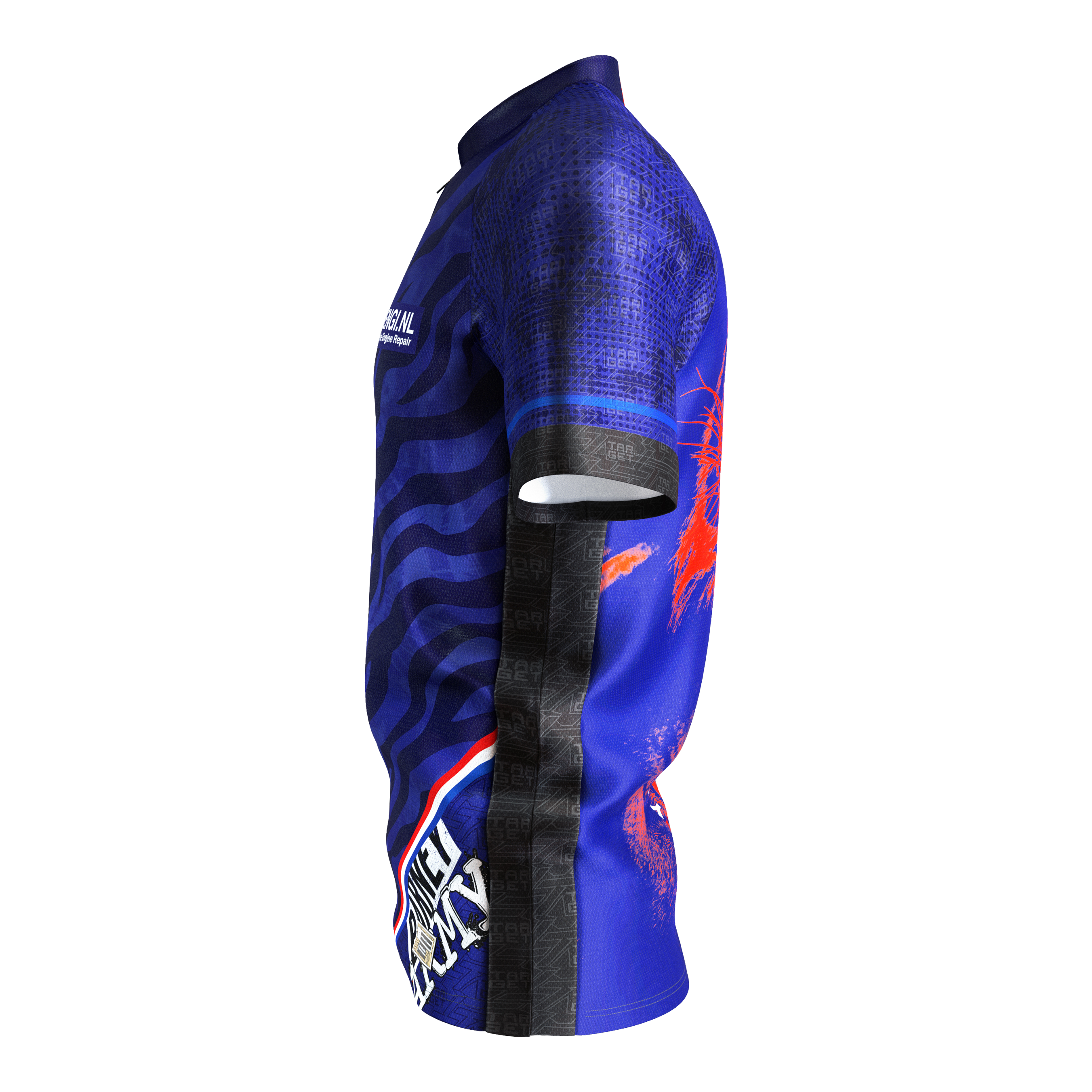 Das Bild zeigt das Target Coolplay Raymond Van Barneveld 2025 Dartshirt. Das Shirt ist überwiegend blau mit schwarzen und roten Akzenten und auffälligem Design.