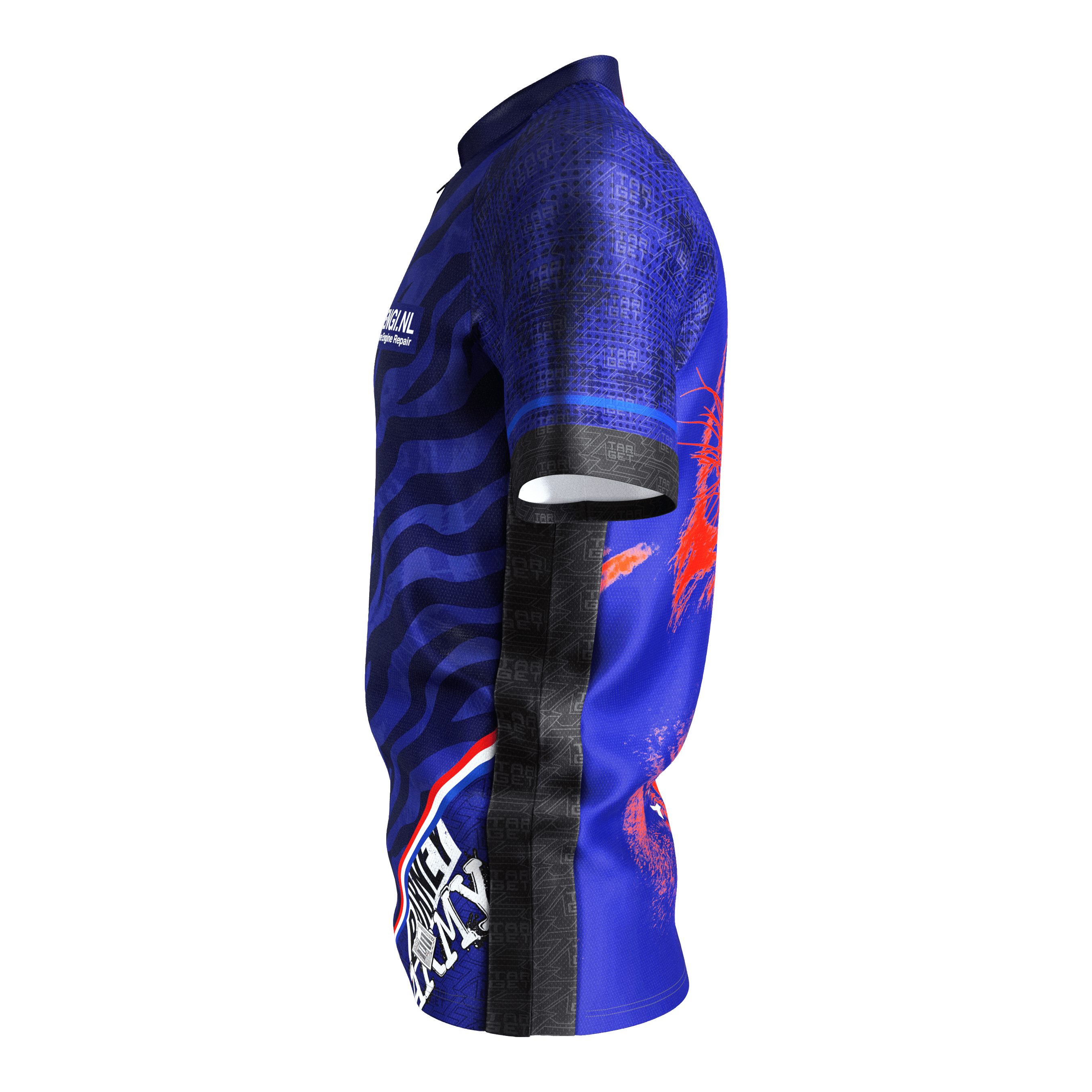 Target Coolplay Raymond Van Barneveld 2025 Dartshirt Das Bild zeigt das Target Coolplay Raymond Van Barneveld 2025 Dartshirt. Das Shirt ist überwiegend blau mit schwarzen und roten Akzenten und auffälligem Design.
