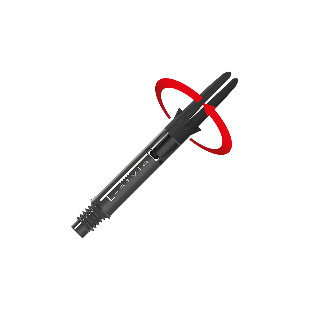 L-Style L-Shaft Carbon Silent Straight - Schwarz 260 Auf dem Bild ist ein schwarzer Dartshaft aus Carbon der Marke L-Style zu sehen. Am oberen Ende ist eine rote Pfeilmarkierung, die eine Drehbewegung anzeigt.