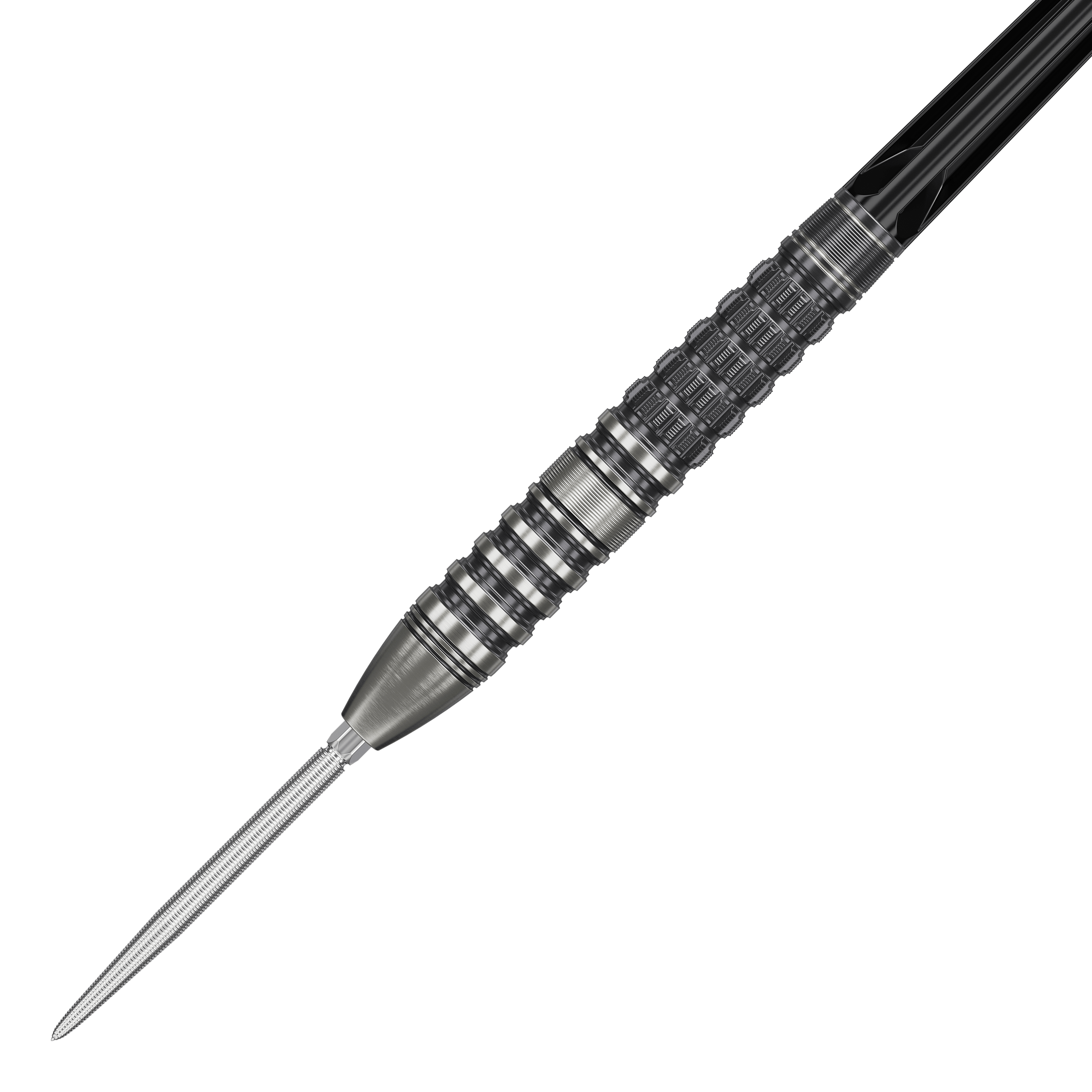 Das Bild zeigt den Target Japan Black Marque Lumiere GEN3 Steeldart. Der Dart hat ein silbernes, fein strukturiertes Barrel mit schwarzen Akzenten und einer scharfen Spitze.