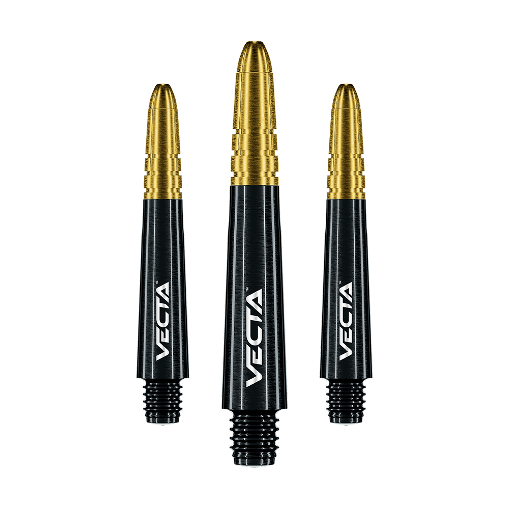 Auf dem Bild sind drei schwarze und goldene Dartschäfte der Marke Vecta zu sehen. Sie sind unterschiedlich lang und haben ein modernes, glänzendes Design.