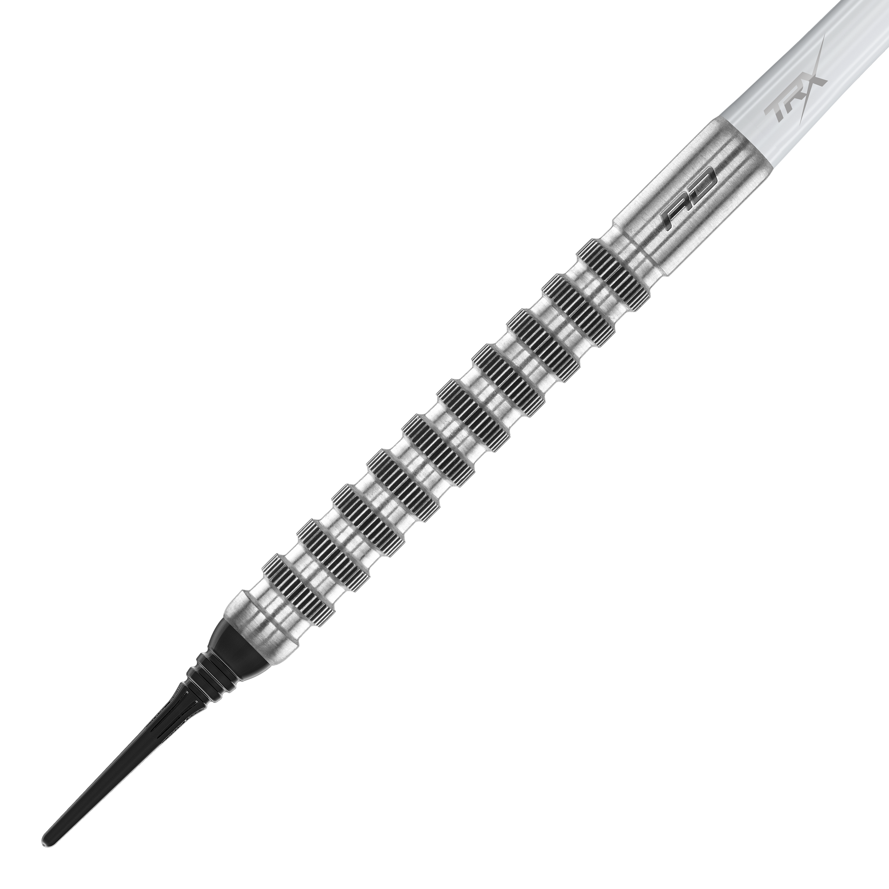 Red Dragon Javelin Speedline Softdarts - 20g Das Bild zeigt einen Red Dragon Javelin Speedline Softdart mit einem Gewicht von 20g. Der Dart hat ein silbernes, geriffeltes Barrel und eine schwarze Softspitze.