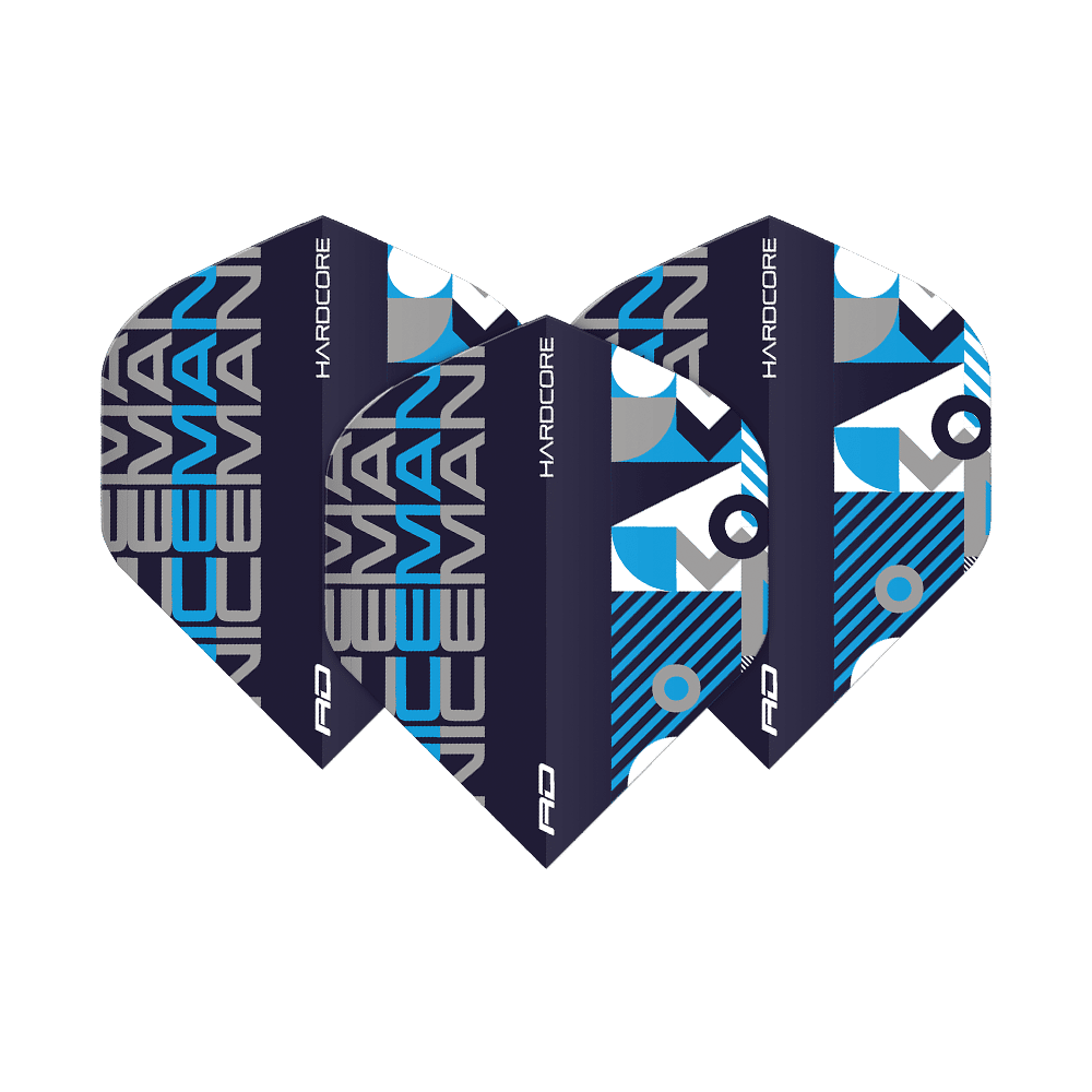 Das Bild zeigt drei Dart-Flights in schwarzer, blauer und grauer Farbe mit dem Aufdruck "ICEMAN" und "HARDCORE". Das Design ist modern und auffällig, passend zur Produktbezeichnung "Red Dragon Hardcore Iceman Black Blue Standard Flights".