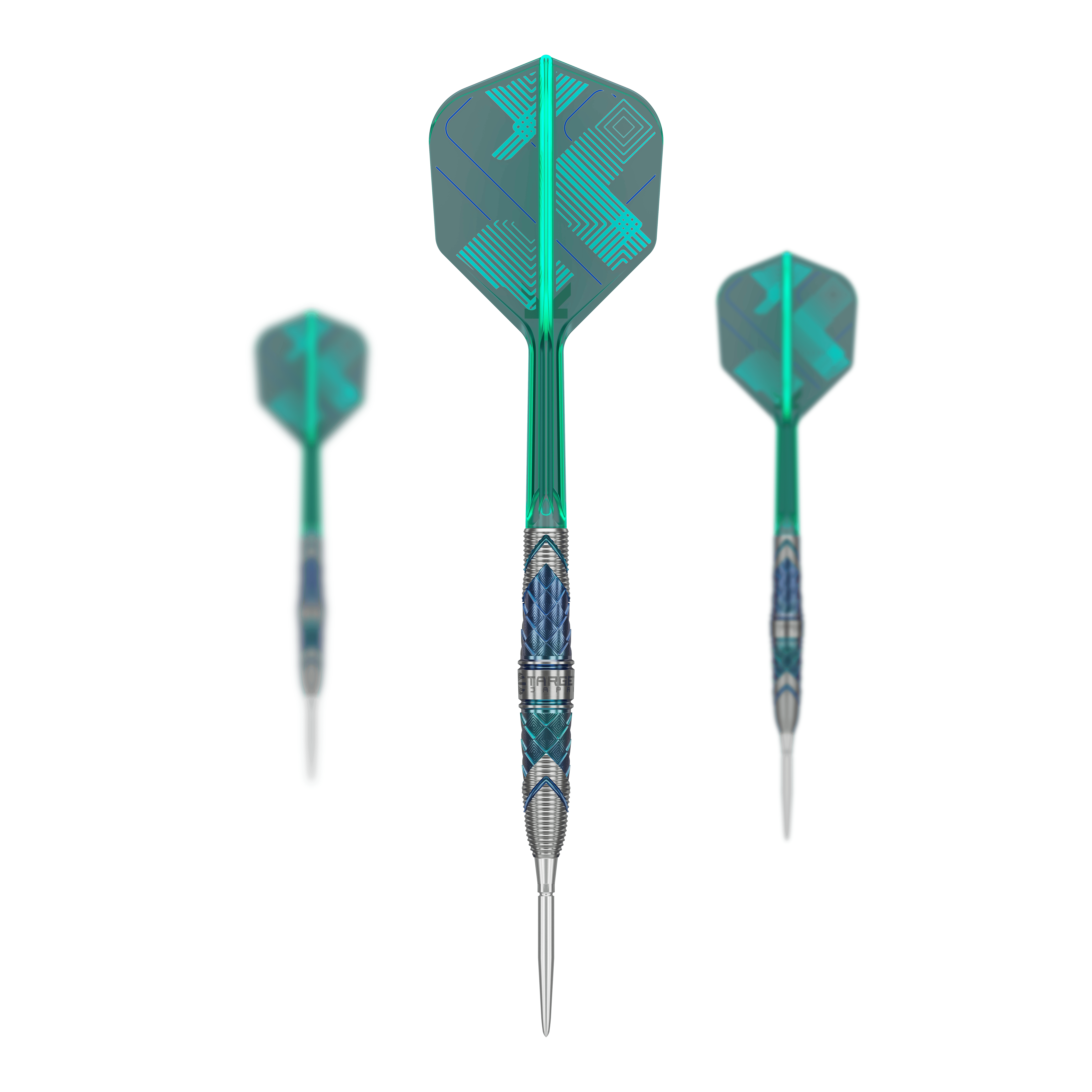 Das Bild zeigt drei Steeldarts der Serie "Target Japan Kaze Series Ceros 01" mit einem Gewicht von 23g. Die Darts haben grüne Flights mit geometrischem Muster und silber-blaue Griffe.