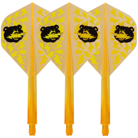 Das Bild zeigt vier neonorange Dartflights mit gelbem Blitzmuster und einem schwarzen Bärenkopf darauf. Die Flights sind in Standard-Form gestaltet und tragen den Namen "Condor Axe Black Bear Miyu Miyawaki".