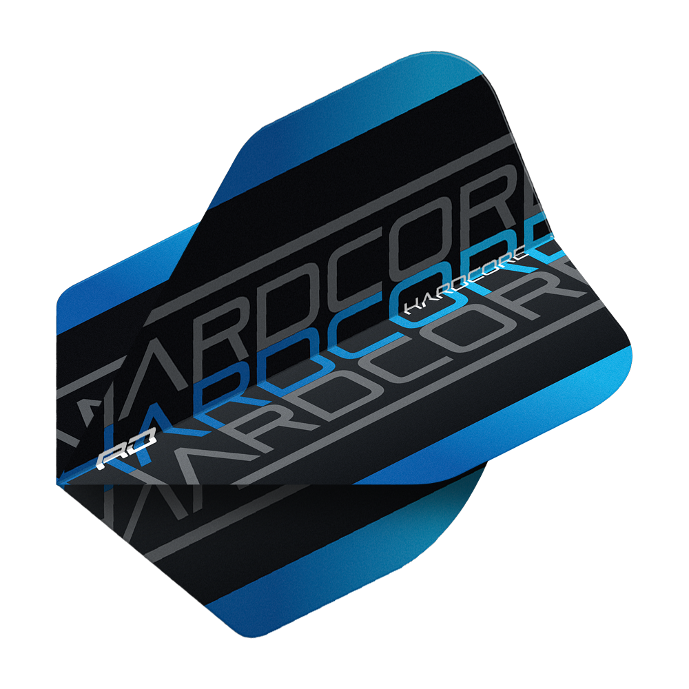 Das Bild zeigt das Produkt "Red Dragon Hardcore XT Triple Standard Flights". Die Flights sind schwarz mit blauen und silbernen Details sowie dem Schriftzug "HARDCORE".
