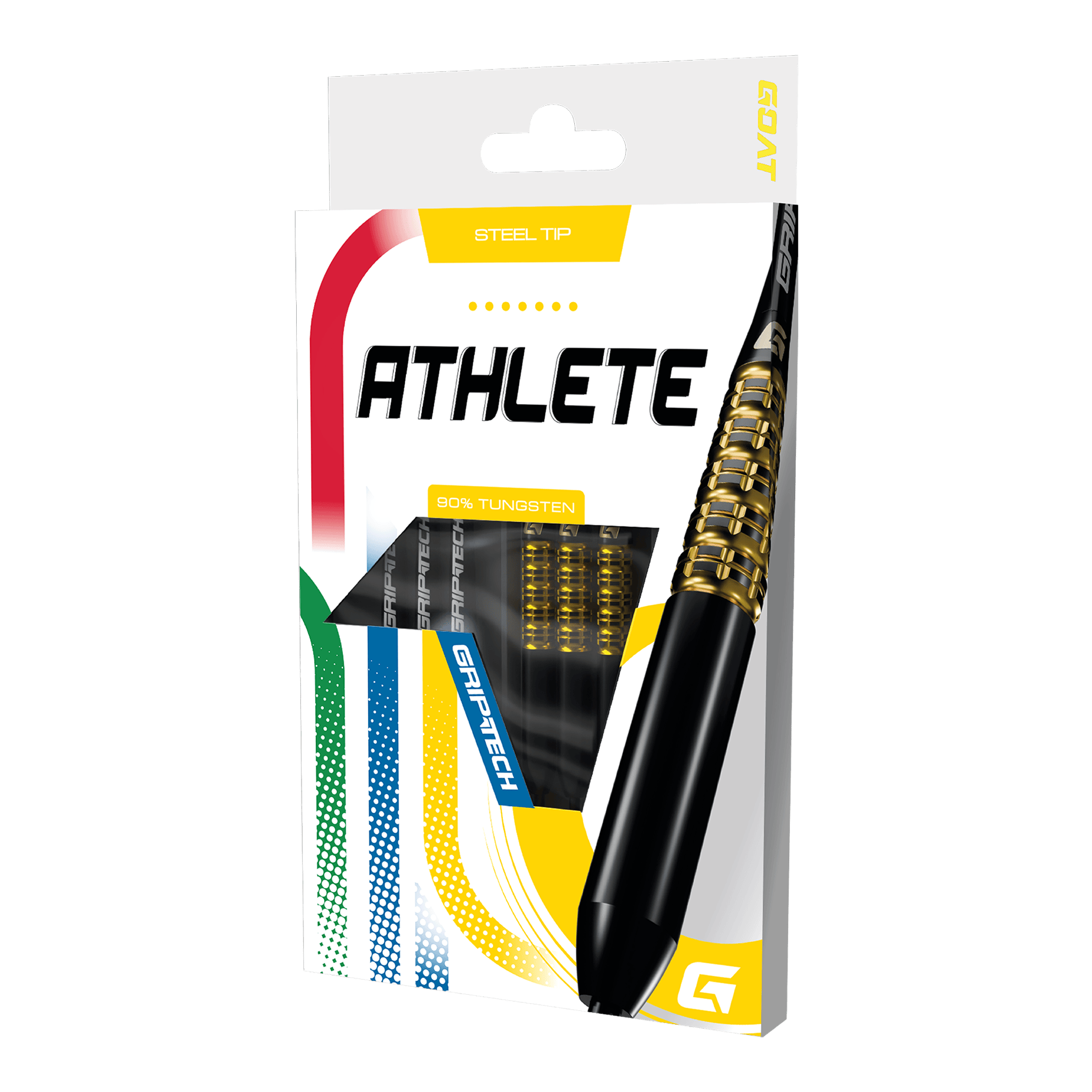GOAT Athlete Yellow Tungsten Steeldarts Das Foto zeigt einen gelben Tungsten-Steeldart. Das Produkt wird als 'GD7000770 GOAT Athlete Yellow Tungsten Steeldarts 3' bezeichnet.