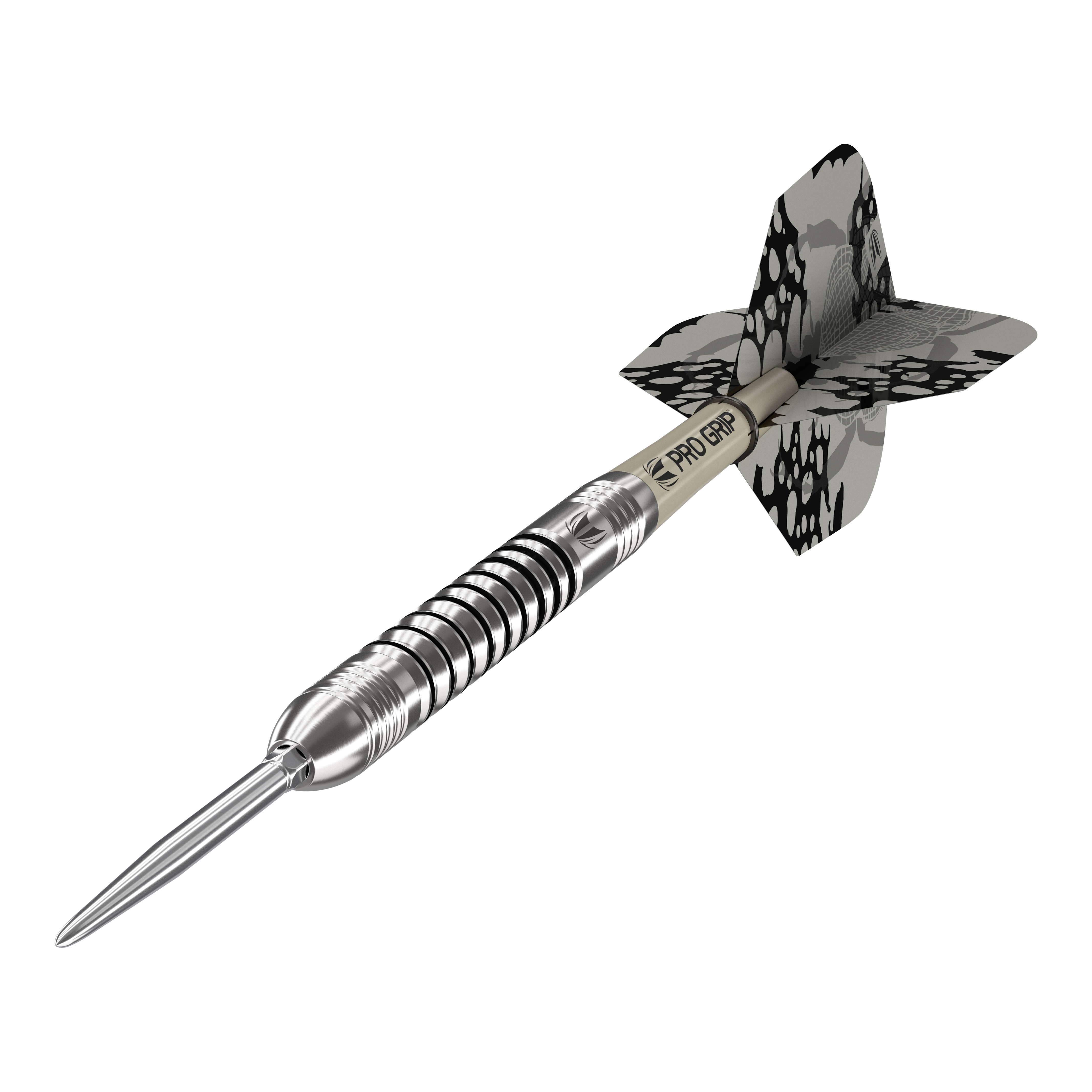Auf dem Bild ist ein Target EXO SP03 Swiss Point Steeldart zu sehen. Der Dartpfeil hat ein silbernes Design mit schwarzen Ringen und einem gemusterten Flight.