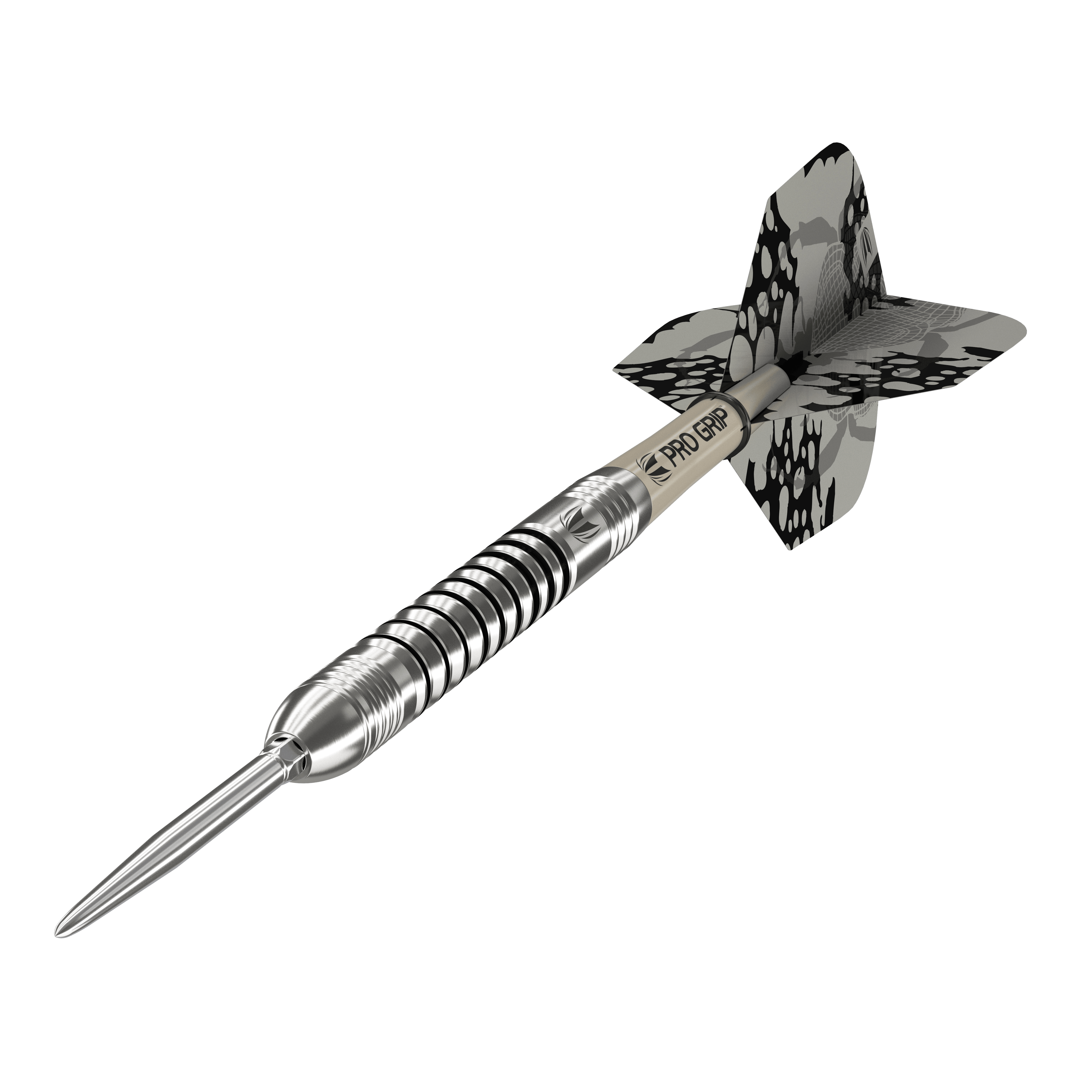 Target EXO SP03 Swiss Point Steeldarts Auf dem Bild ist ein Target EXO SP03 Swiss Point Steeldart zu sehen. Der Dartpfeil hat ein silbernes Design mit schwarzen Ringen und einem gemusterten Flight.