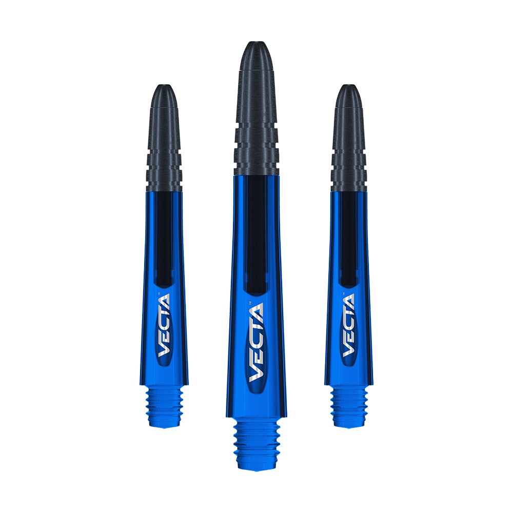 7025-405_Winmau_Vecta_Shafts_Blau_37mm_1 Das Bild zeigt drei blaue Winmau Vecta Shafts für Dartpfeile. Die Spitzen der Shafts sind schwarz und auf jedem Shaft steht das Wort "VECTA".