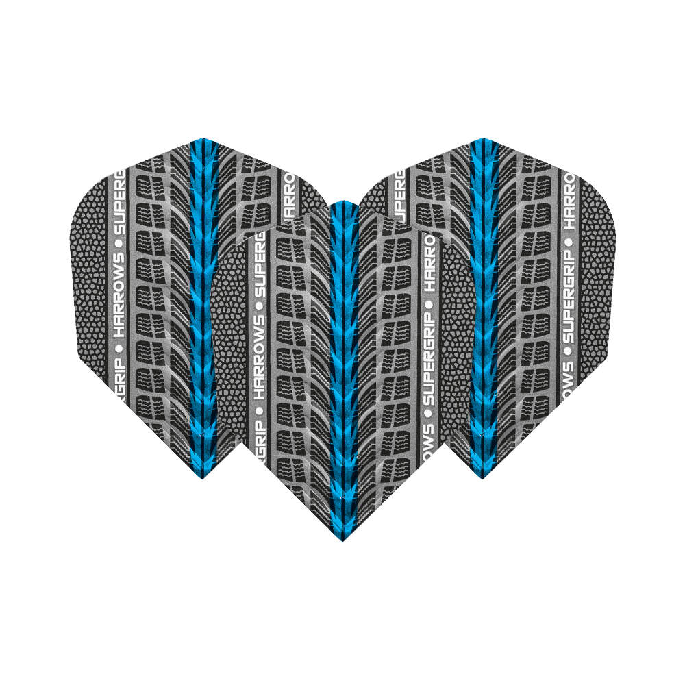 Das Bild zeigt drei Harrows Supergrip Blau No6 Flights für Dartpfeile. Das Design ist grau mit blauen und schwarzen Akzenten sowie dem Schriftzug "Harrows Supergrip".