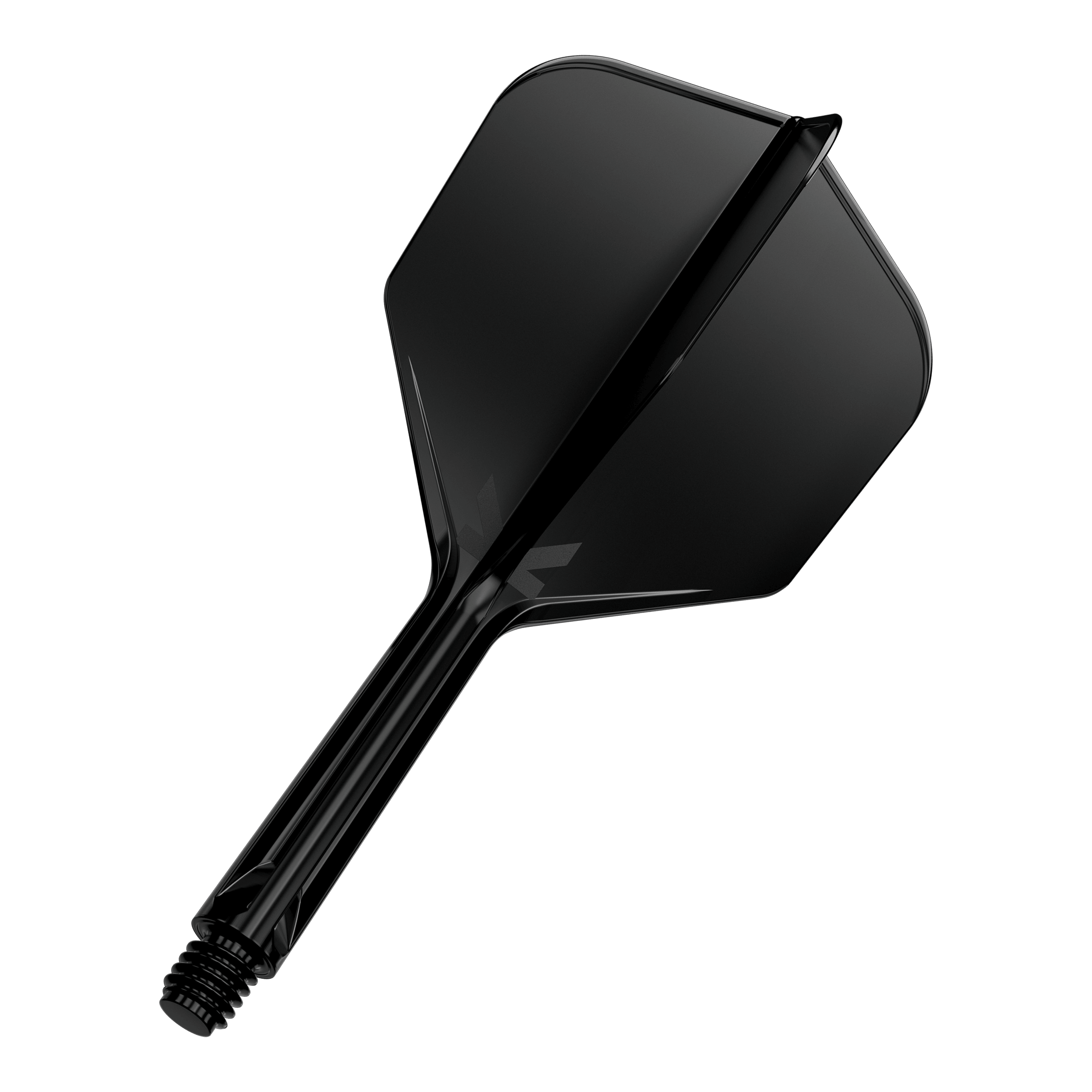 Target K-Flex No6 Flight-System - Schwarz Das Bild zeigt einen schwarzen Dartflügel mit Schaft auf schwarzem Hintergrund. Der Schaft ist mit einem Gewinde versehen und die Oberfläche wirkt glänzend.