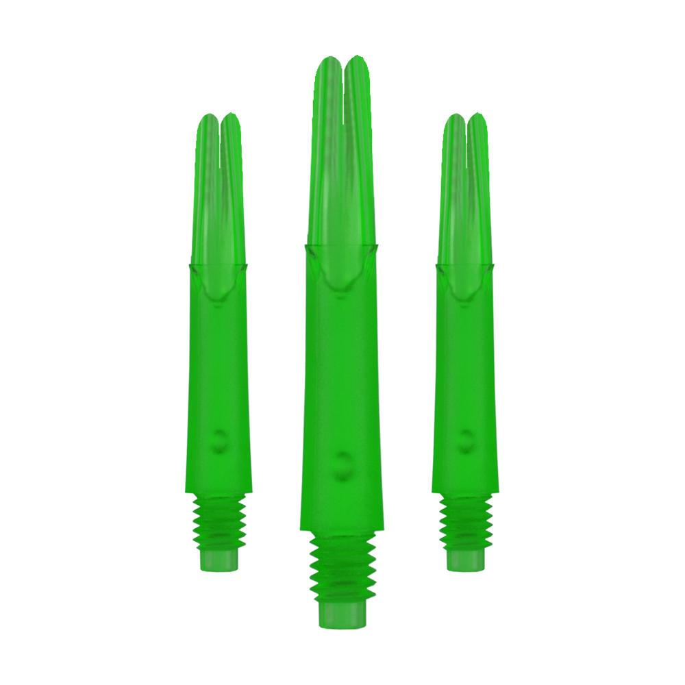L-Style L-Shafts Locked Straight - Green 190 Auf dem Bild sind drei gerade, grüne Dartschäfte ohne Kappen zu sehen. Sie sind durchsichtig und haben am unteren Ende ein Gewinde.