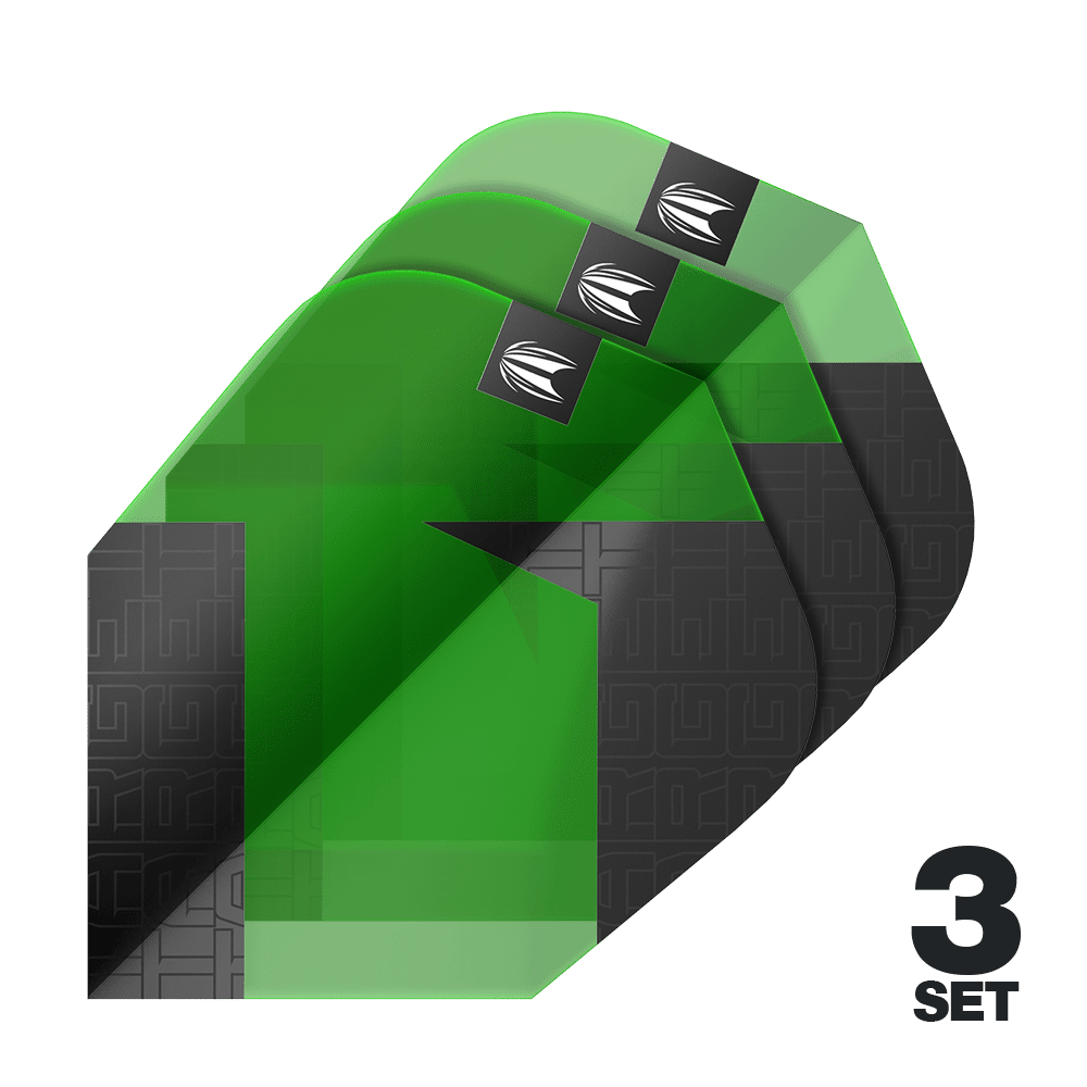 Auf dem Bild sind drei grüne und schwarze Dart-Flights mit einem modernen Muster zu sehen. Unten rechts steht "3 SET", was auf drei Sets hinweist.