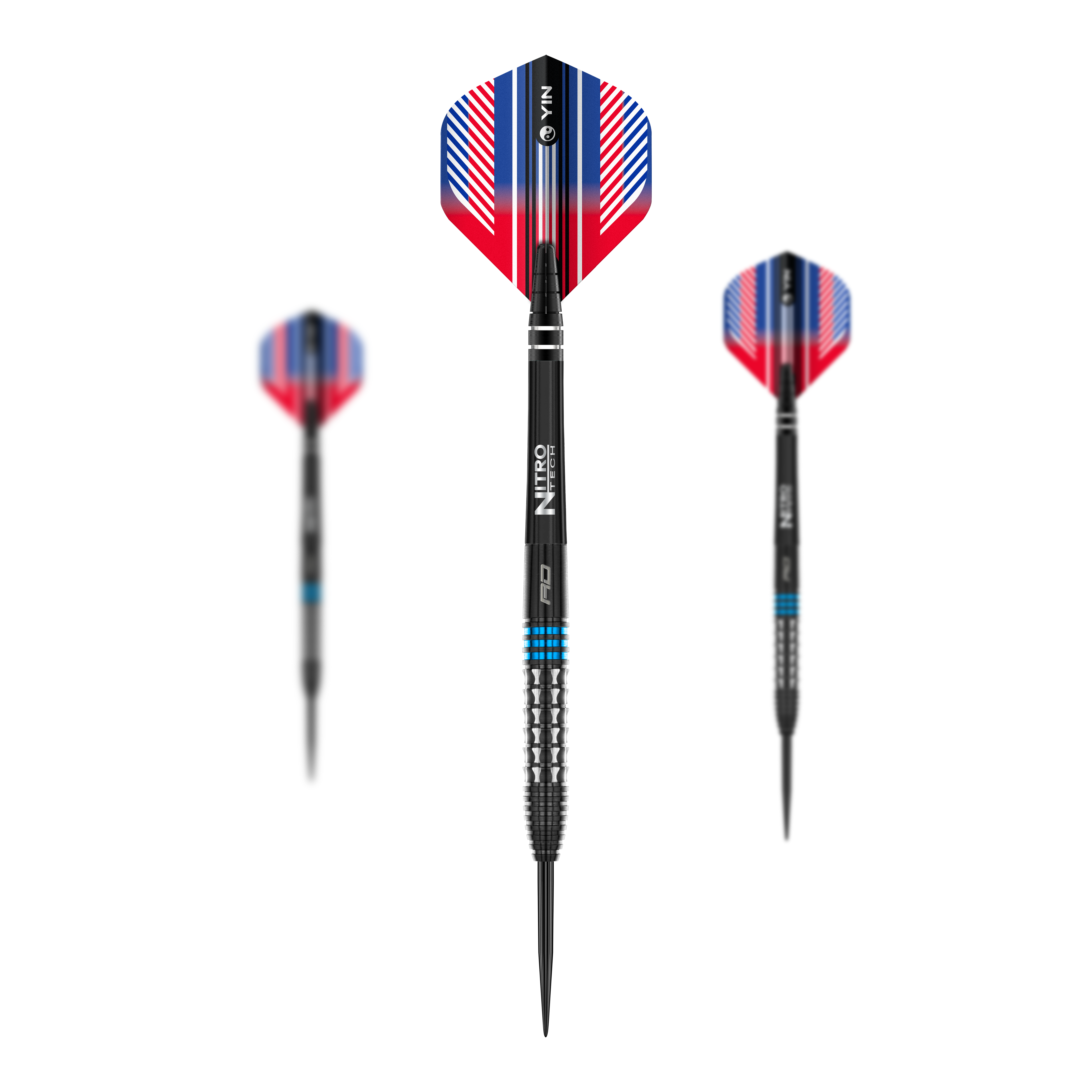 Das Bild zeigt drei Steeldarts des Produkts 'Red Dragon Vengeance Blue'. Die Darts haben schwarze Spitzen, silberne Griffe mit blauen Ringen und auffällige Flights in Rot, Blau und Weiß.