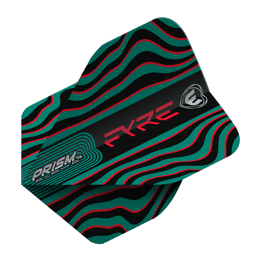 Das Bild zeigt das Produkt "Winmau Prism Alpha Fyre BlackTurquoiseRed Standard Flights". Das Design ist schwarz mit welligen türkisfarbenen und roten Linien sowie auffälliger Aufschrift.