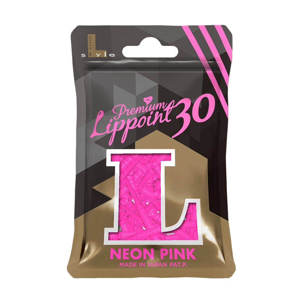 Die Abbildung zeigt eine Packung „L-Style Premium Lippoints 30 (30er Pack) - 30mm“ in Neon Pink. Die Verpackung ist schwarz-gold mit einem großen „L“ und einer Sichtöffnung, die die pinken Spitzen zeigt.