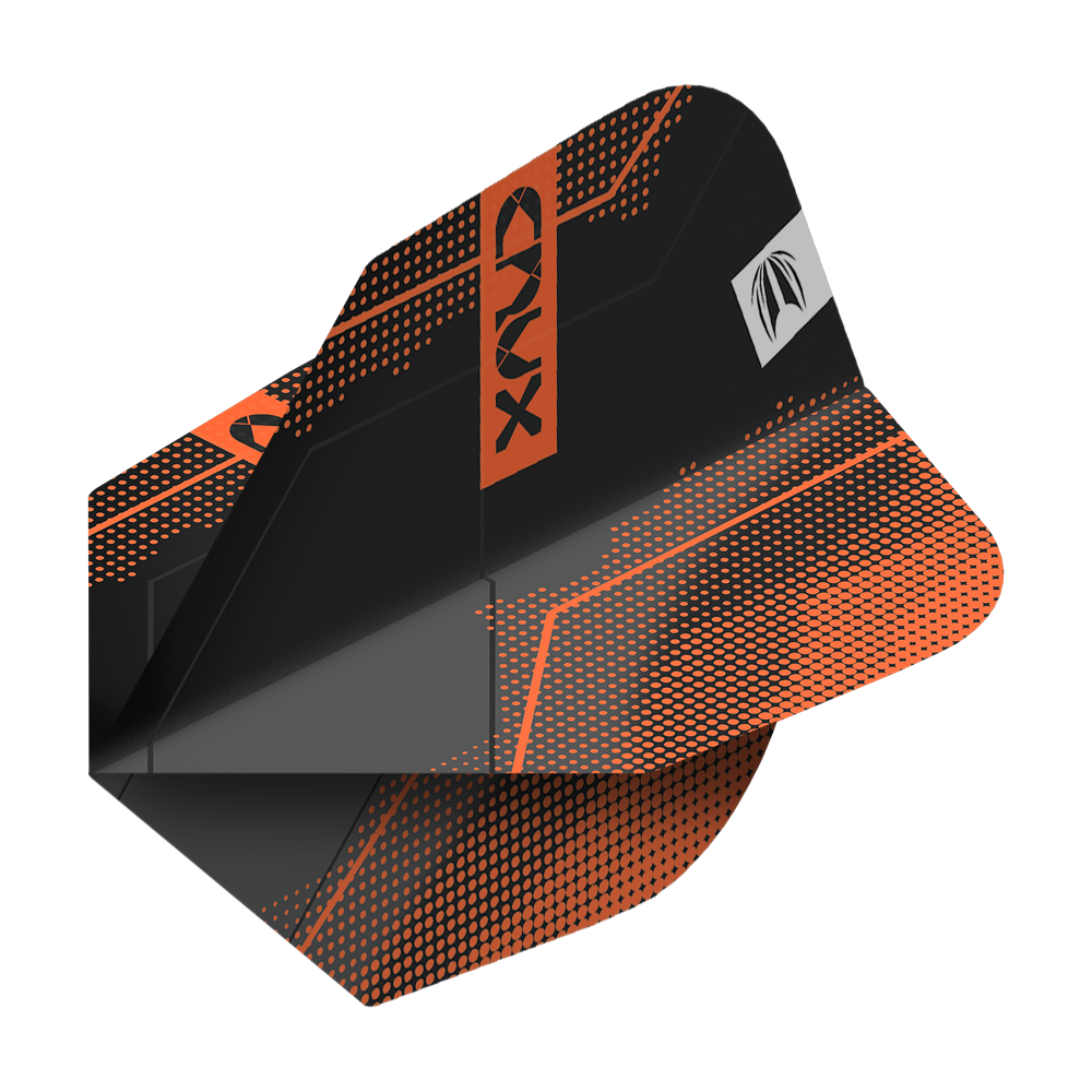 Das Bild zeigt einen schwarzen Dartflight mit orangefarbenen Akzenten und dem Schriftzug "CRUX". Das Produkt heißt "Target Pro Ultra Crux No6 Flights - 3 Sets".