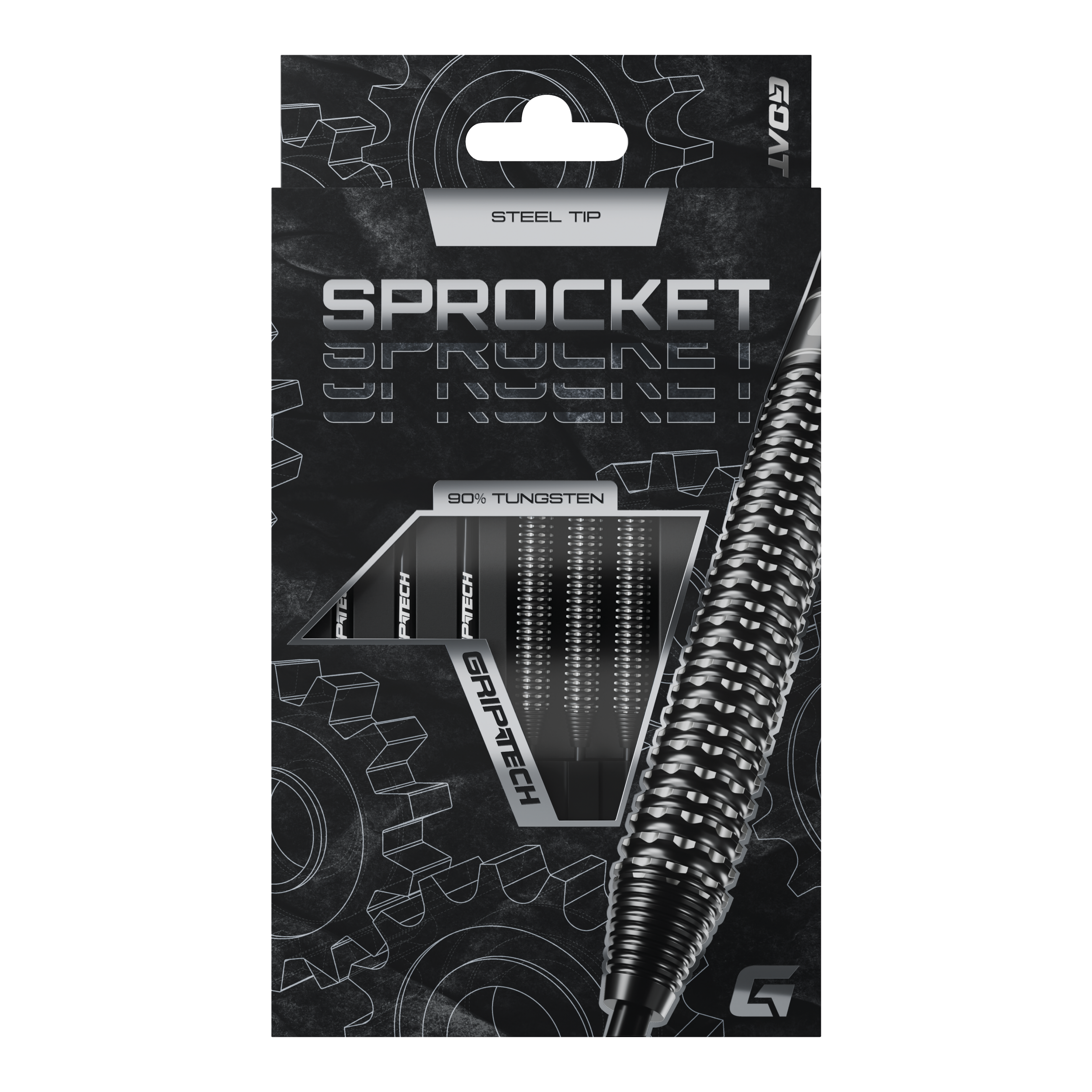 GOAT Sprocket Tungsten Steeldarts Die Abbildung zeigt die Verpackung der GOAT Sprocket Tungsten Steeldarts. Auf der Packung sind die Eigenschaften wie "Steel Tip" und "90% Tungsten" deutlich hervorgehoben.