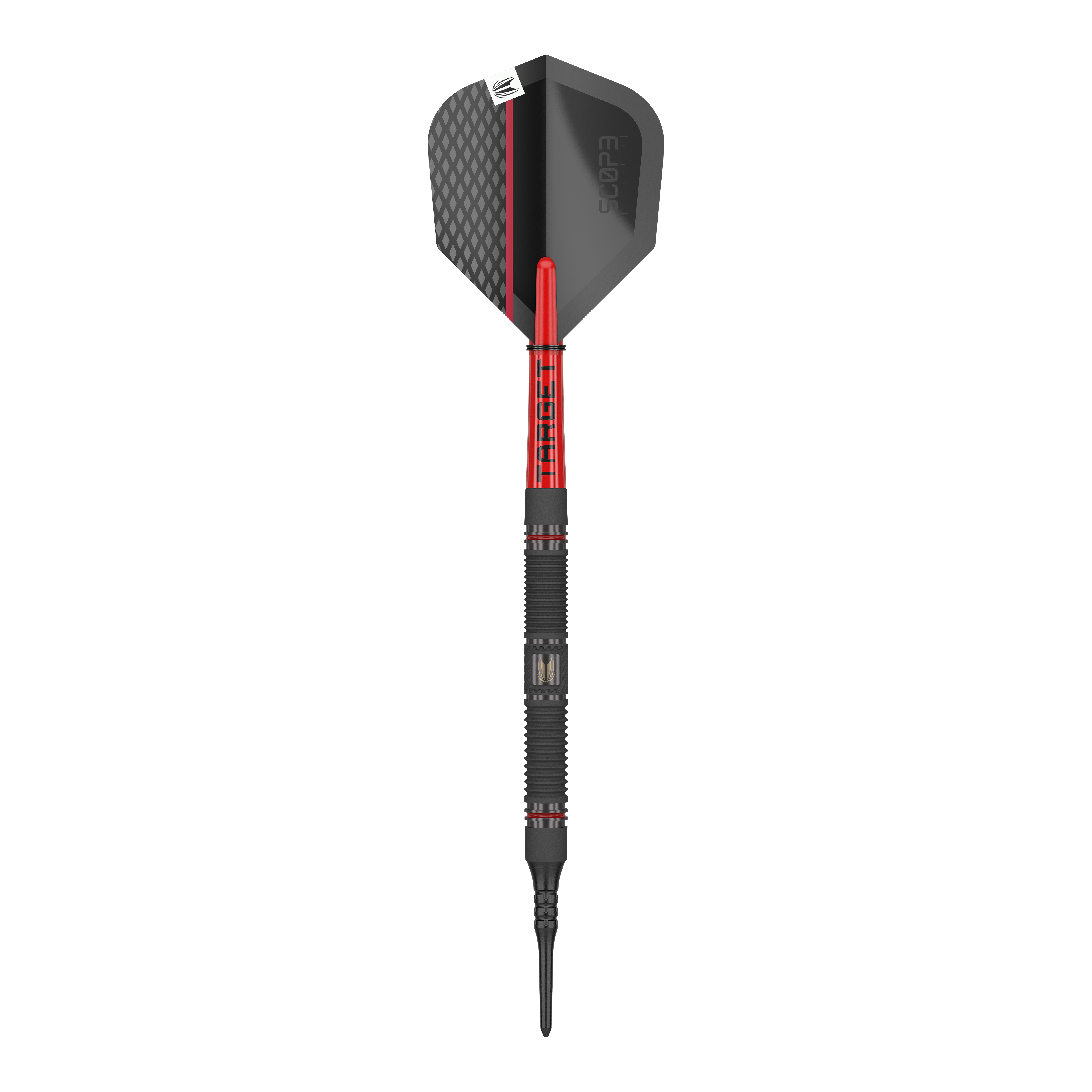 Das Bild zeigt einen Target Scope 10 Softdart. Der Dartpfeil hat ein schwarzes und rotes Design mit einer strukturierten Spitze und einer schwarzen Flight.