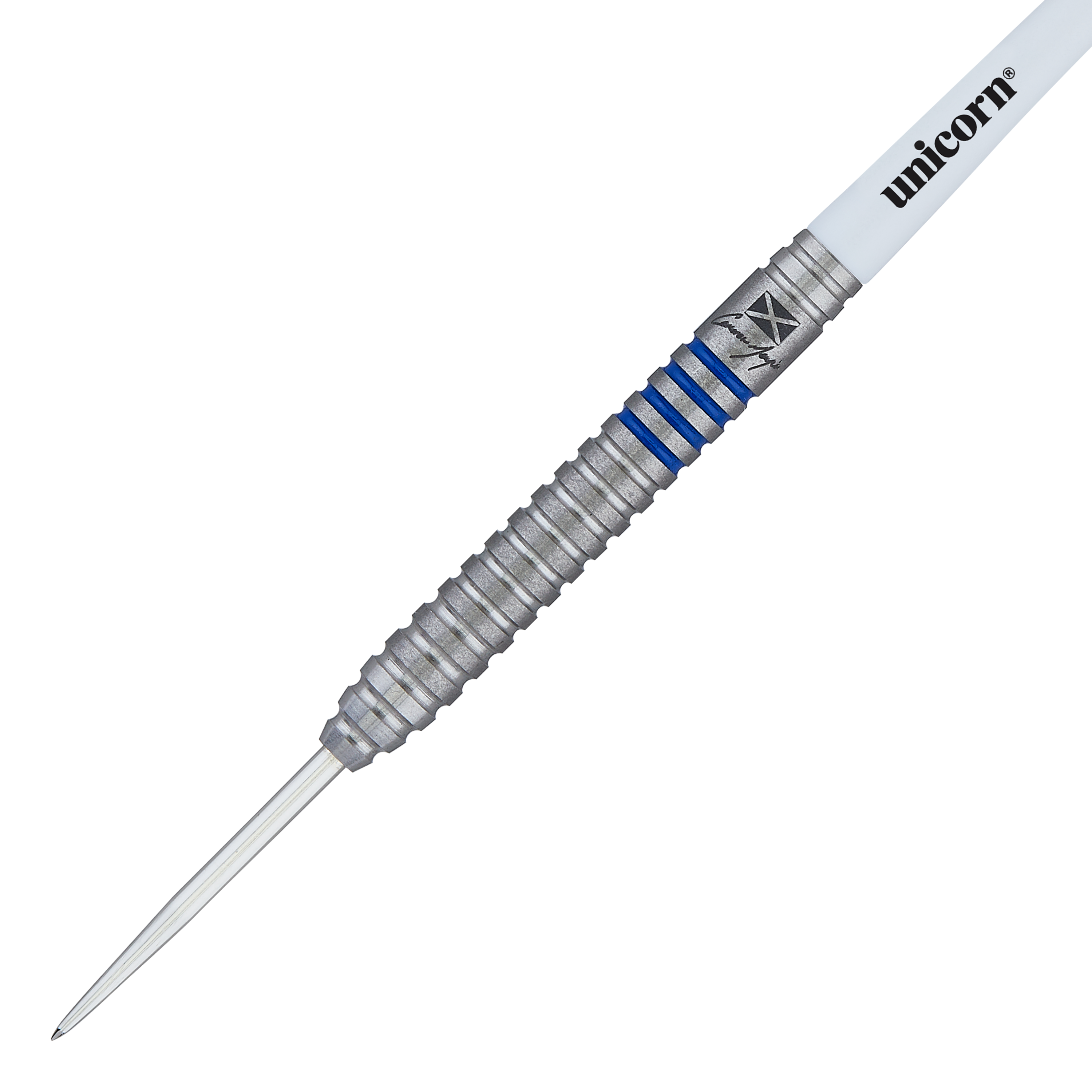 Das Bild zeigt einen Unicorn Contender Camerion Menzies Steeldart mit einem Gewicht von 23g. Der Dart hat blaue Ringe und einen silbernen, geriffelten Griff.