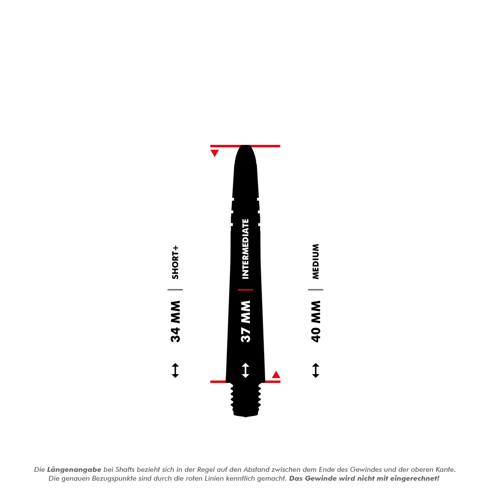 Das Bild zeigt die Längenangaben der Winmau Vecta Shafts in den Varianten Short+, Intermediate und Medium. Die Längen werden zwischen dem Ende des Gewindes und der oberen Kante gemessen, das Gewinde ist nicht mit eingerechnet.