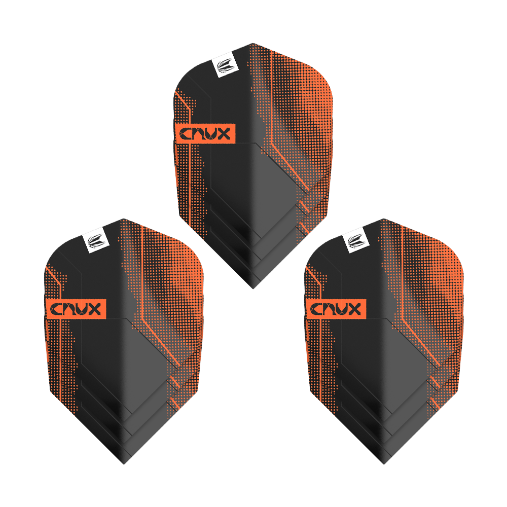 Das Bild zeigt drei Sets von Target Pro Ultra Crux No6 Flights. Die Flights sind schwarz mit orangefarbenen Akzenten und dem Schriftzug "Crux".