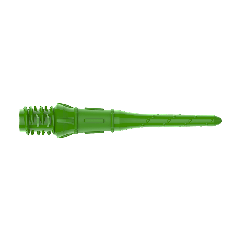 Das Bild zeigt eine grüne Kunststoffspitze für Softdarts. Sie hat ein geriffeltes Gewinde und eine schlanke, längliche Form.